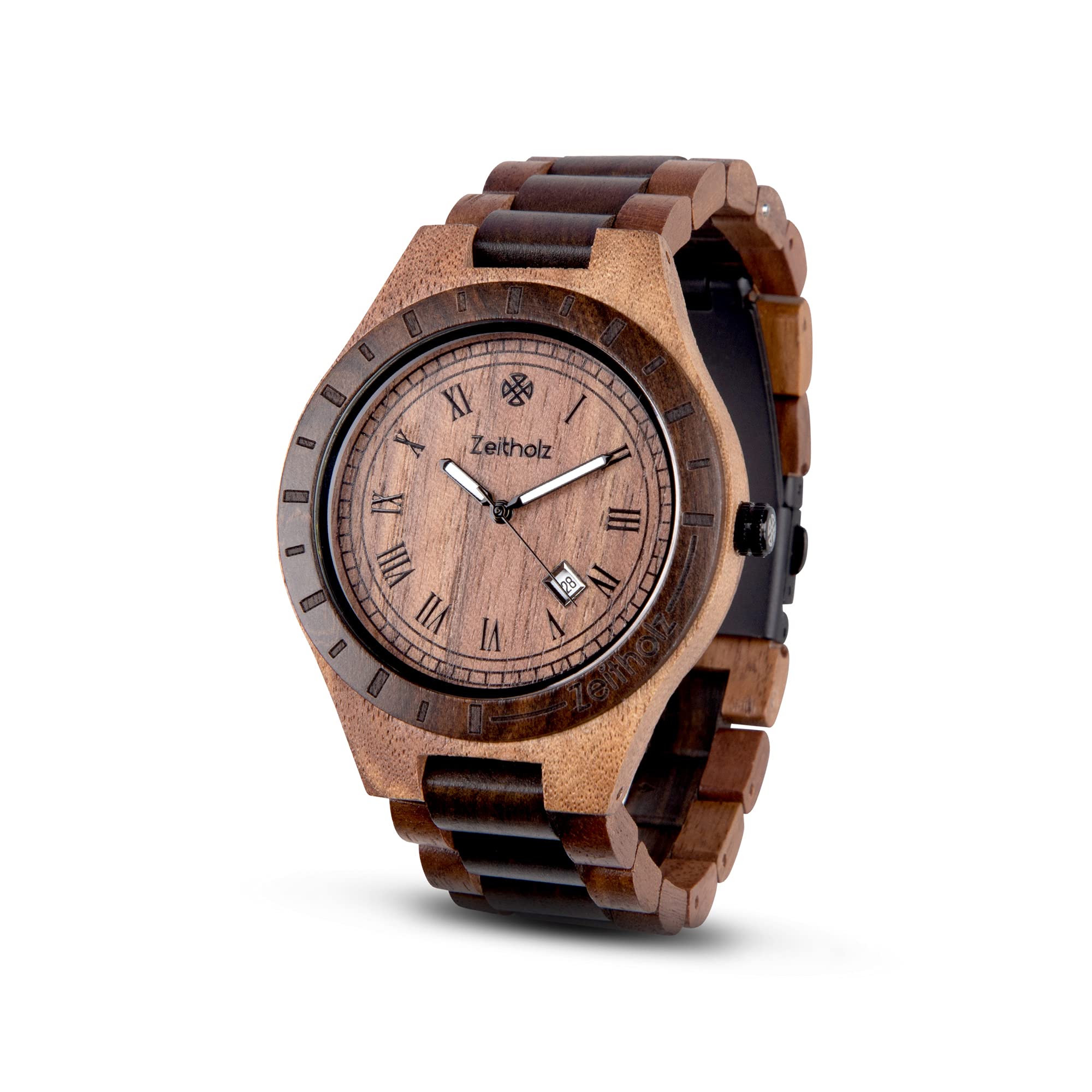 Orologio in Legno da Uomo, Modello Zittau: Fatto a mano in noce e sandalo naturale 100% con movimento al quarzo, lancette luminose e calendario mensile. (Noce)