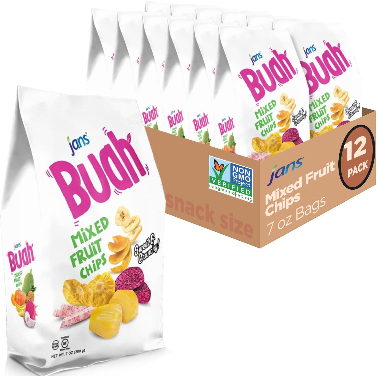 Jans Buah Mixed Fruit Chips (Pack of 12) — Experience Real Dried Fruit, Gluten-Free, Sweet & Crunchy, Ready-to-Eat, Perfect for Anytime Snacking