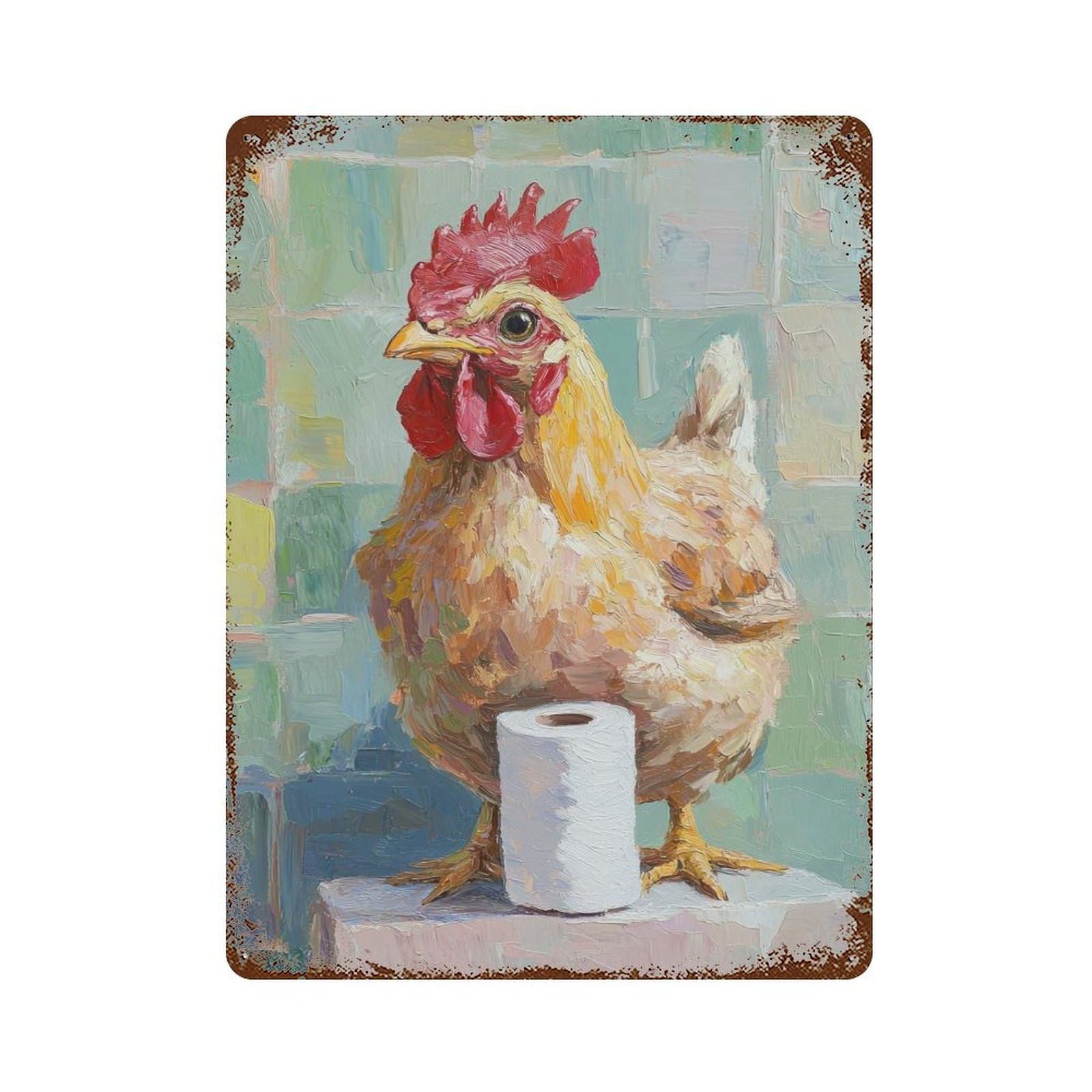 Chicken And Toilet Paper Vintage Wall Sign 15.7"x11.8", Rust Effect Metal Decor for Farmhouse, Kitchen And Entryway Decor