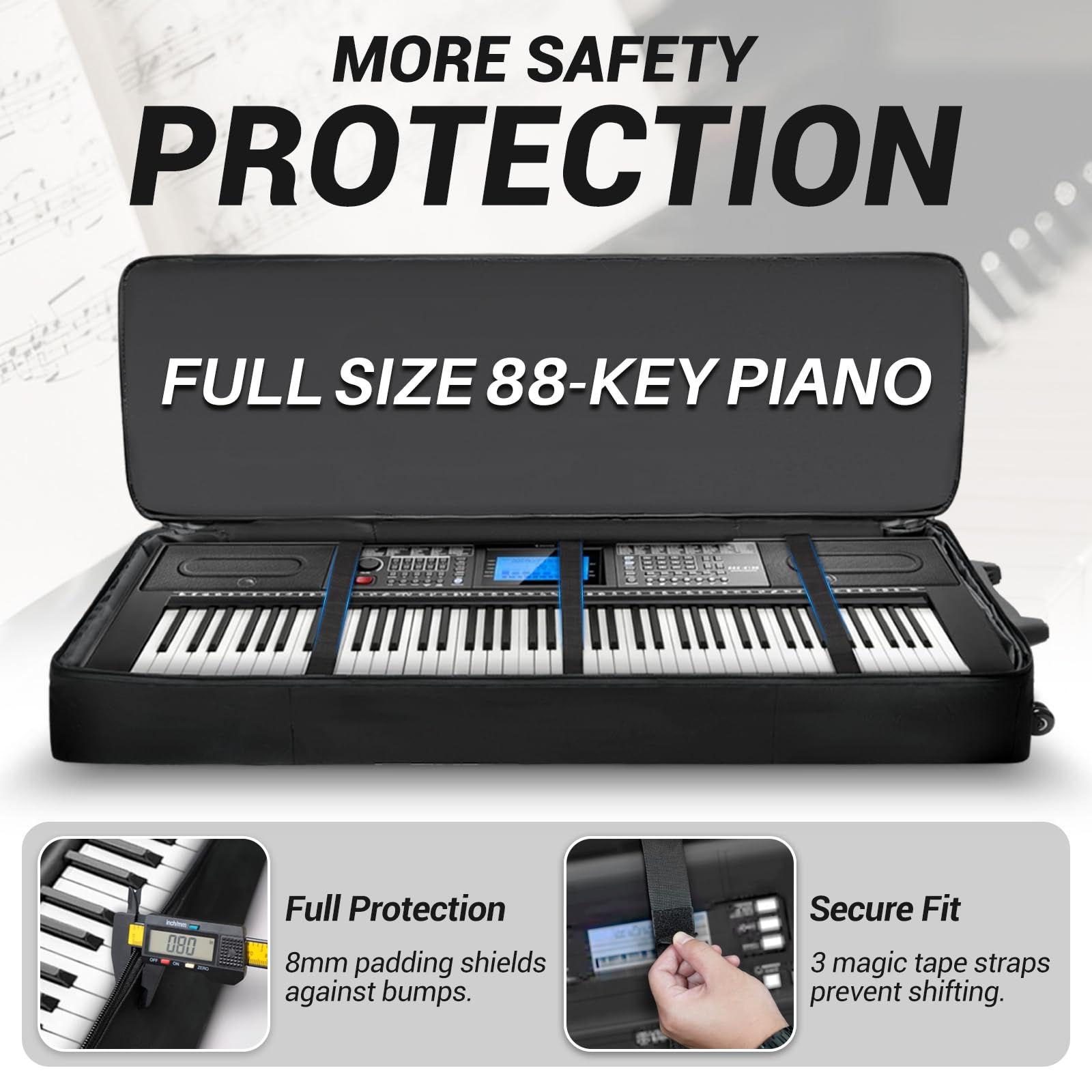 SUNDOY Custodia per tastiera a 88 tasti, 10 mm, imbottita, con ruote, cinghie regolabili e tasche multiple per pianoforte digitale e sintetizzatore