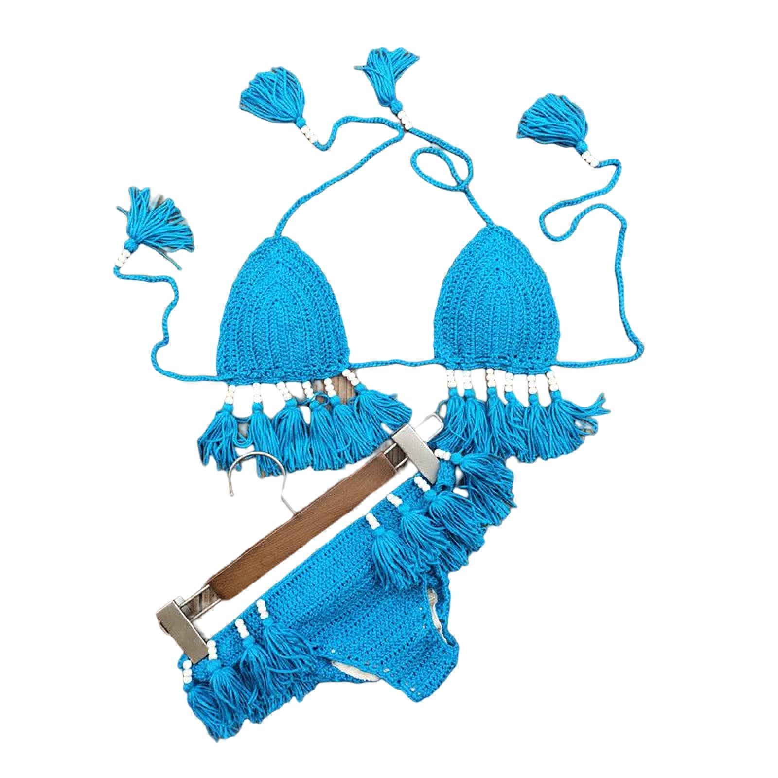 OLEETS Conjunto De Bikini De Ganchillo para Mujer -Traje De Baño De 2 Piezas con Cuentas De Borlas Tejidas A Mano, Cuello En V, Tirantes Finos, Cintura Baja, Traje De Baño De Verano De Color Sól