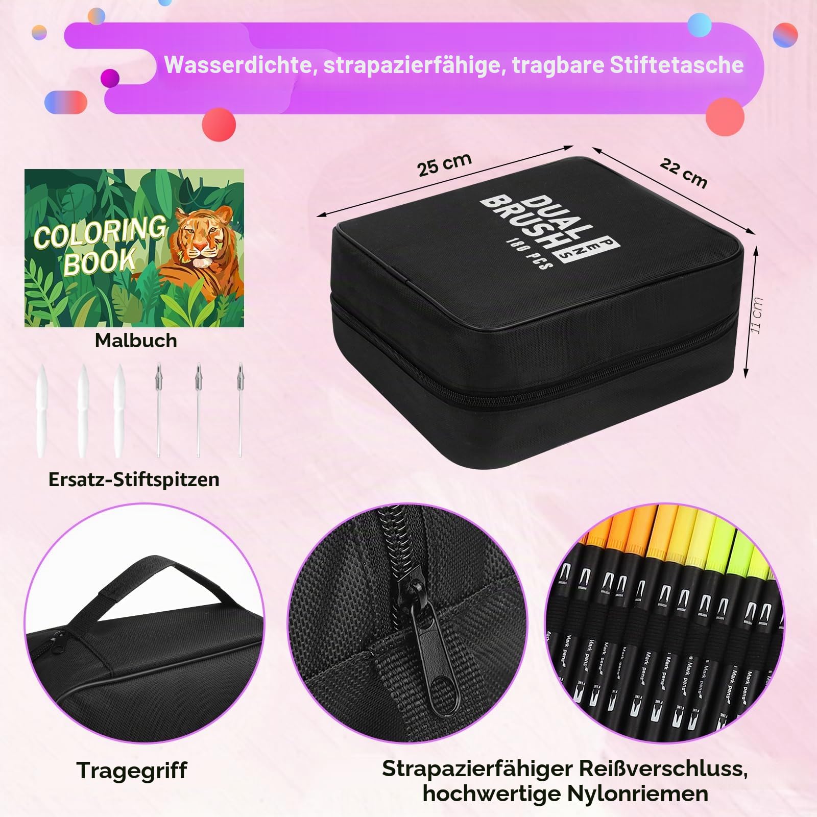 TrendGate Dual Brush Pen Set, 180 Farben Fineliner und Pinselstifte Set | Doppel Filzstifte Dicke und Dünne, mit Malbücher, schnelltrocknend, Ersatz-spitze, für Handlettering, Bullet Journal, Mandala