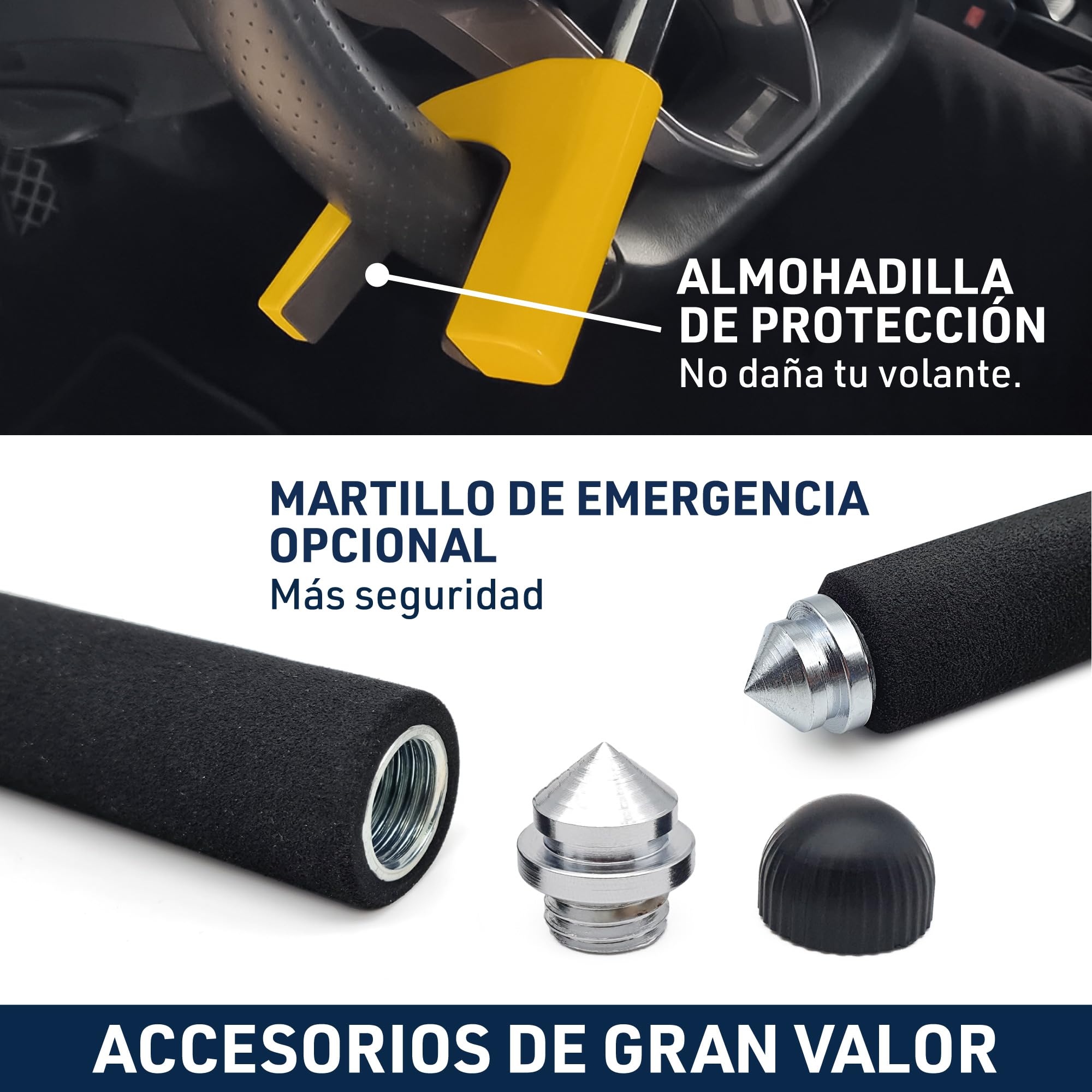 URBAN UR978Y Antirrobo Coche Doble Seguridad, Barra Volante Sin/Con Alarma Hi-Tech 120dB+LED Más Seguro y Visible, Bloqueo Automático, Patentado, Cepo Coche Universal Auto SUV Camper Autocaravana