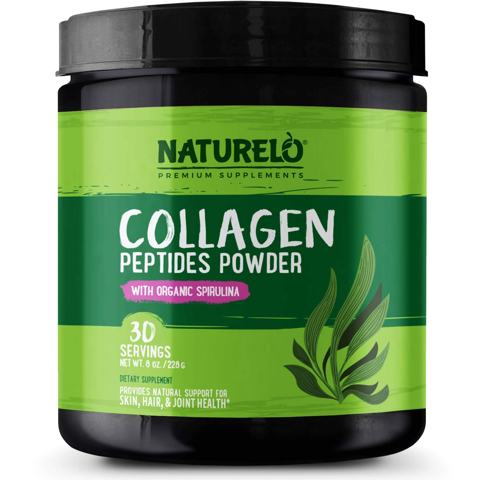 NATURELO Collagen Peptides Powder - Best Supplement for Skin, Hair, Joint Health - Organic Spirulina - 14 Amino Acids - Grass Fed - Hydrolyzed - Digestive Enzymes for Better Absorption - 30 Servings