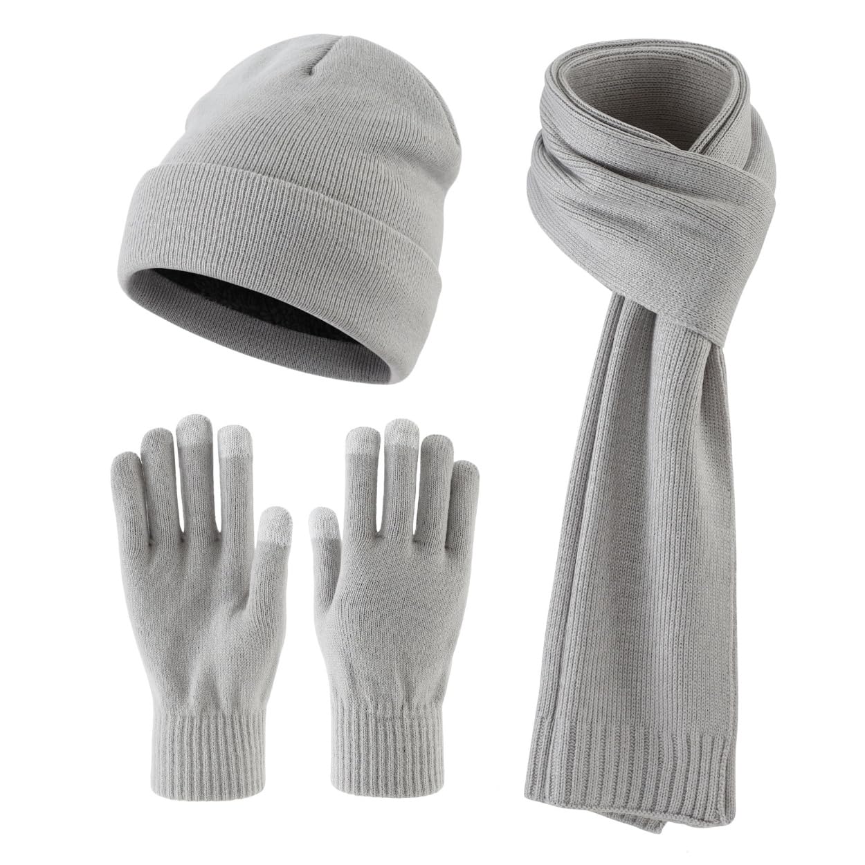 Set di 3 guanti invernali da uomo, termici, caldi, lavorati a maglia, sciarpa lunga, guanti touchscreen, per attività all'aperto