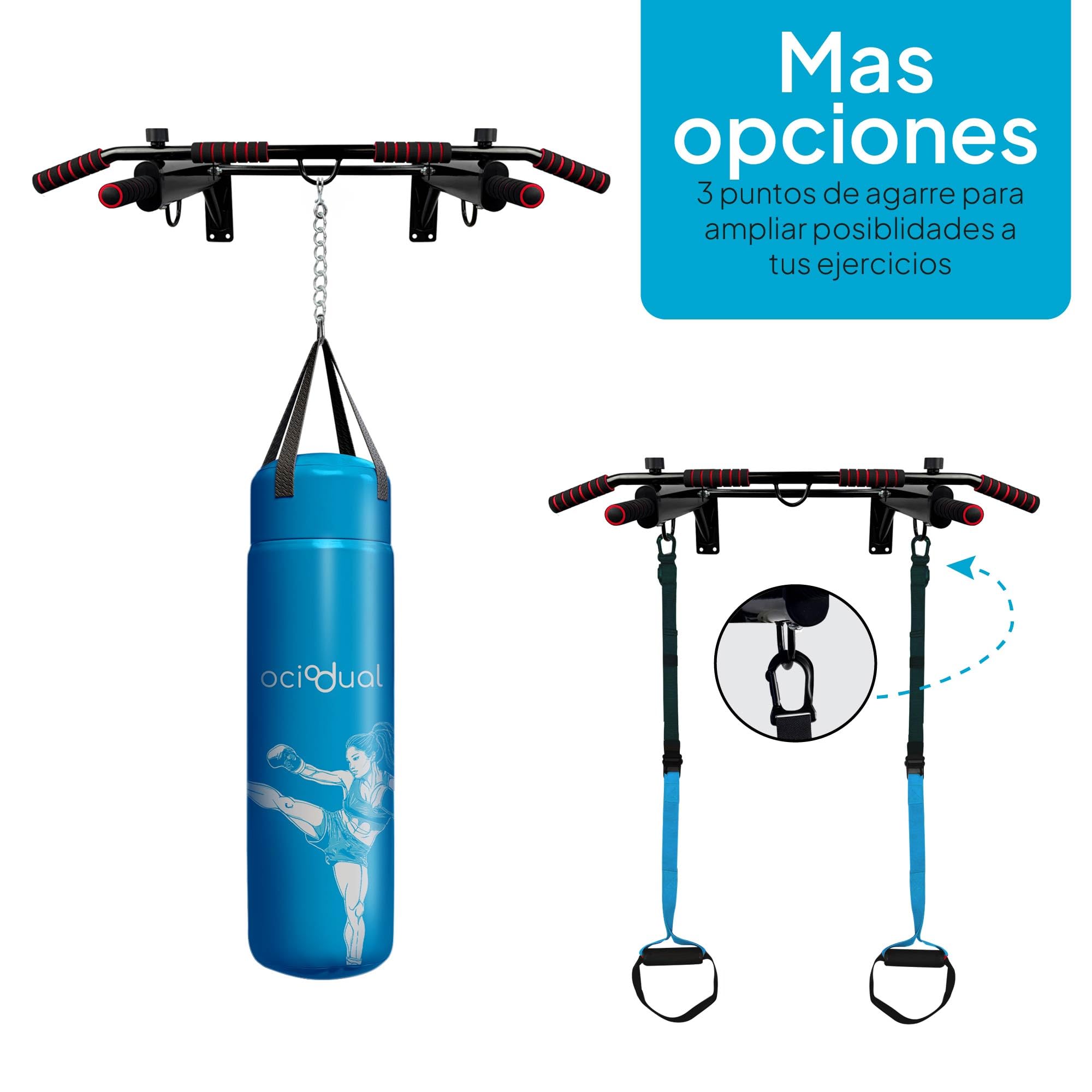 OcioDual Barra Dominadas Pared Profesional, Multifunción Todo en 1, Dominadas en Casa, Ejercicios con Anillas, Boxeo, Entrenamiento Suspensión, Calistenia, Gimnasio en Casa, Box Trainning