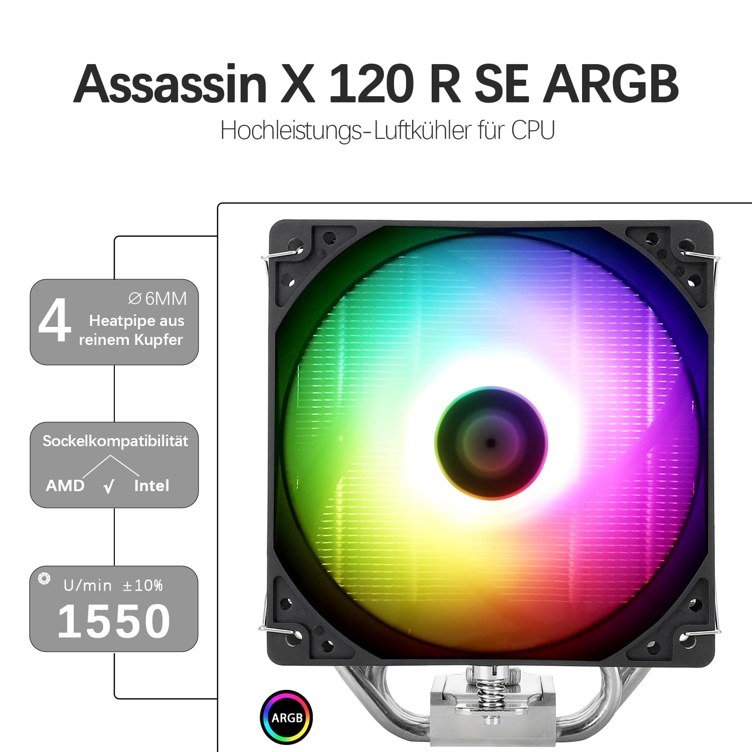 TR-Thermalright Assassin X 120R SE ARGB Refroidisseur de CPU - 4 Caloducs, Ventilateur Silencieux 120 mm, pour AMD AM4/AM5, Intel LGA1851/1700/115x/1200, Refroidisseur pour PC