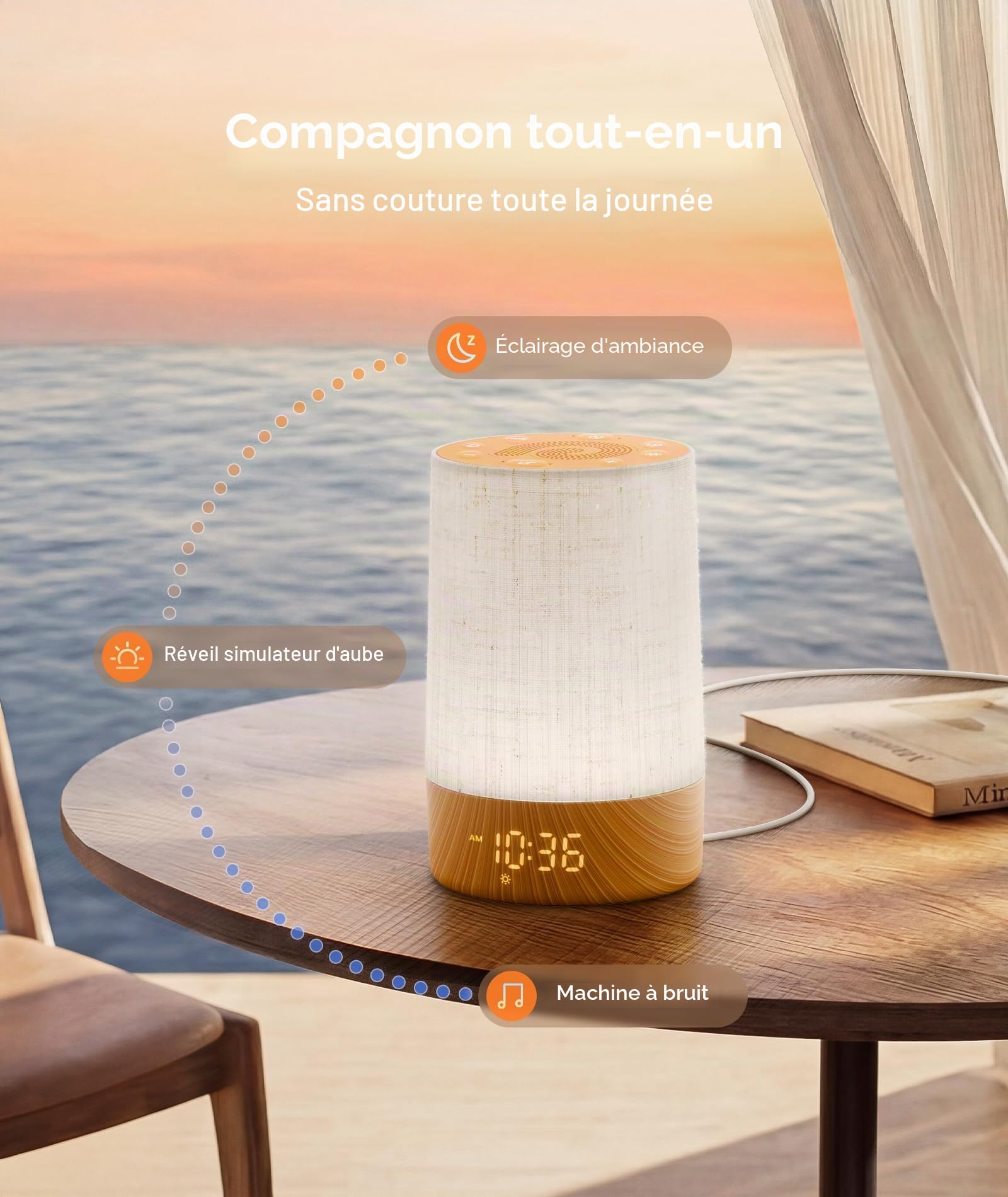 Dreamegg Réveil Lumineux Simulateur d’Aube, Machine Bruit Blanc 29 Sons Apaisants, Lampe de Chevet 20 Niveaux Luminosité, Écran 5 Niveaux, Minuterie & Snooze