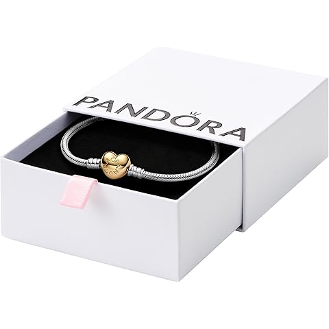 PANDORA Moments Heart Clasp Snake Chain Bracelet - Compatible Moments Charms - Gift for Her - Sterling Silver Yellow Gold - With Gift Box
