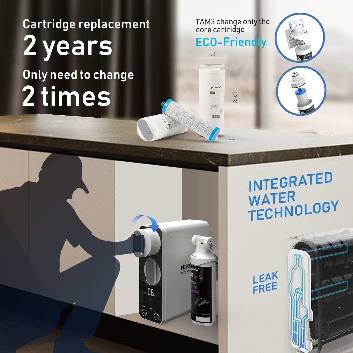 Frizzlife RO System odwróconej osmozy do filtracji wody — 600 GPD Wysoki przepływ, bezzbiornikowy, redukcja TDS, alkaliczne pH mineralne, współczynnik odpływu 1,5:1, pomoc techniczna w USA, PD600-TAM3