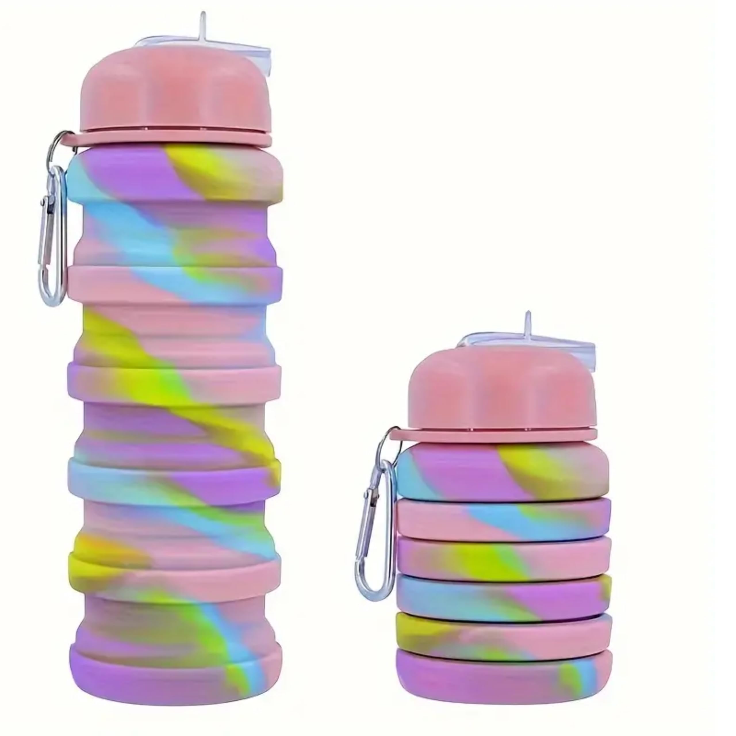 ROLL RIDE FUNSilicone Collapsible Water Bottles, 500ml Portable Foldable Expandable Water Bottle Sports Cups with Carabiner, Leak Proof Reusable BPA Free, for Outdoor Activities Travel (Pink)