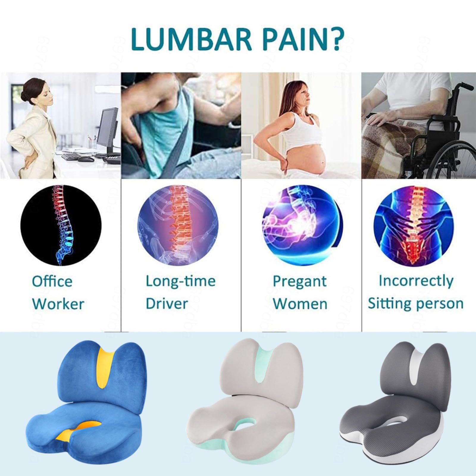 Cuscino per alleviare il dolore alla sciatica, (cuscino per seduta+cuscino per sedia), protezione per fianchi e vita, cerniera staccabile, memory foam traspirante, anti stress, cuscino posteriore per