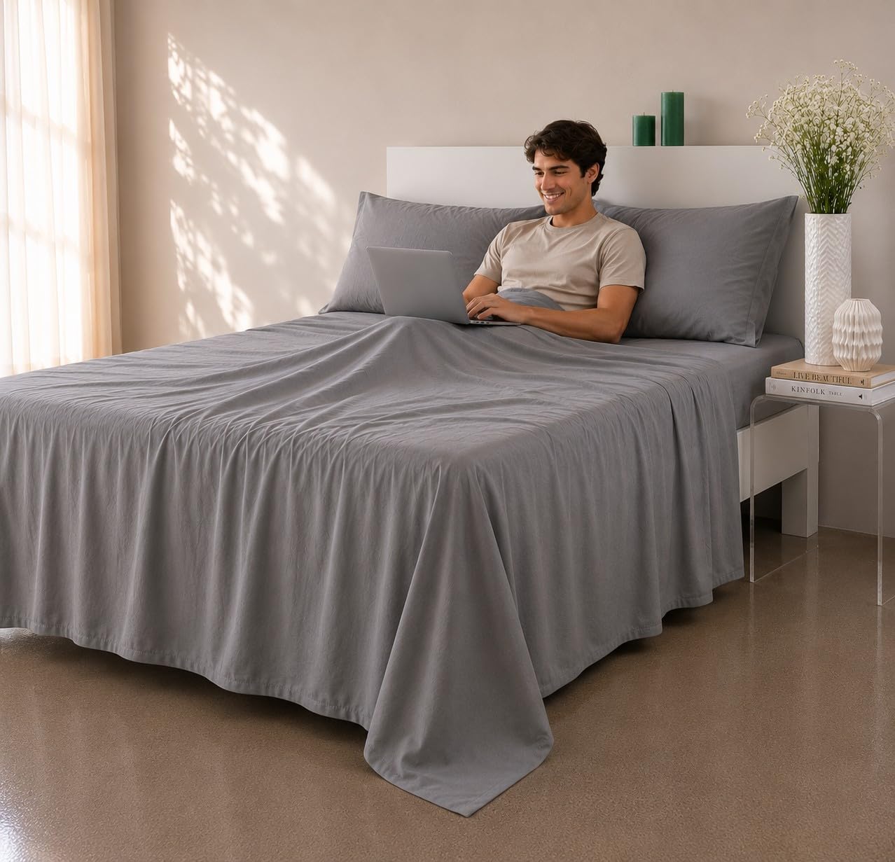 COTTON ARTean Zestaw satynowej pościeli, egipska bawełna, liczba nici 300, szary, do łóżek 90 x 190/200, 100% egipska bawełna, szary.