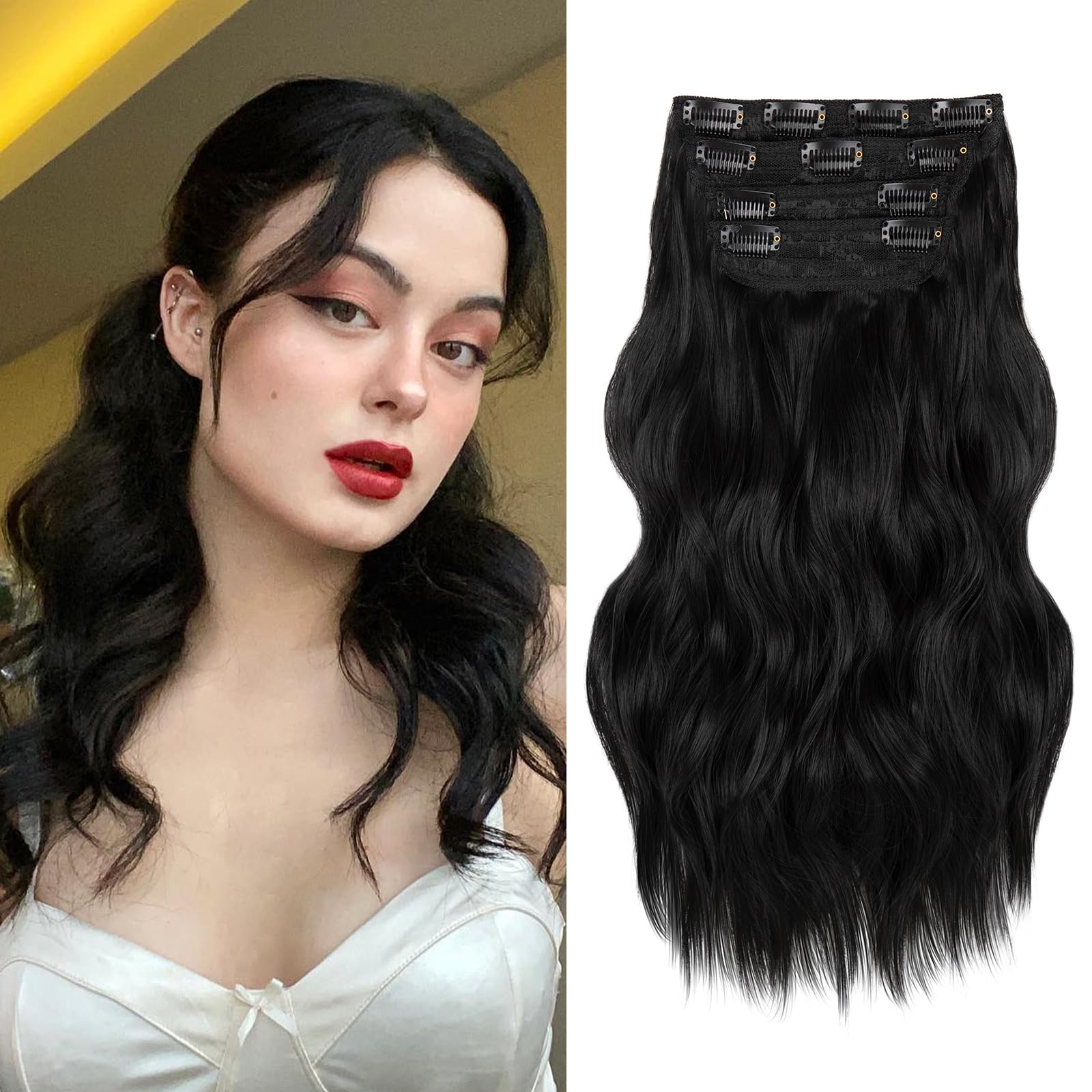 NAYOO 4PCS Clip in Hair Extensions Long Wavy Curly Synthetic Thick Hairpieces Black for Women with Fiber Double Weft Hair Full Head（16 Inch, Black）
