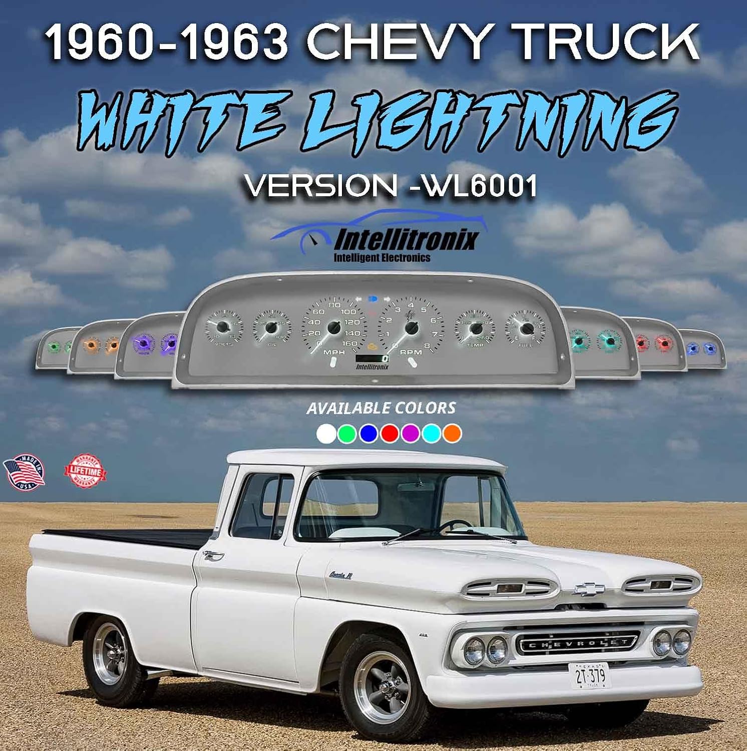 White Face Analog Gauge Cluster for 1960-1963 Chevy Truck – LED Backlit, GPS Speedometer, Oil & Water Pressure Senders Included (Teal)