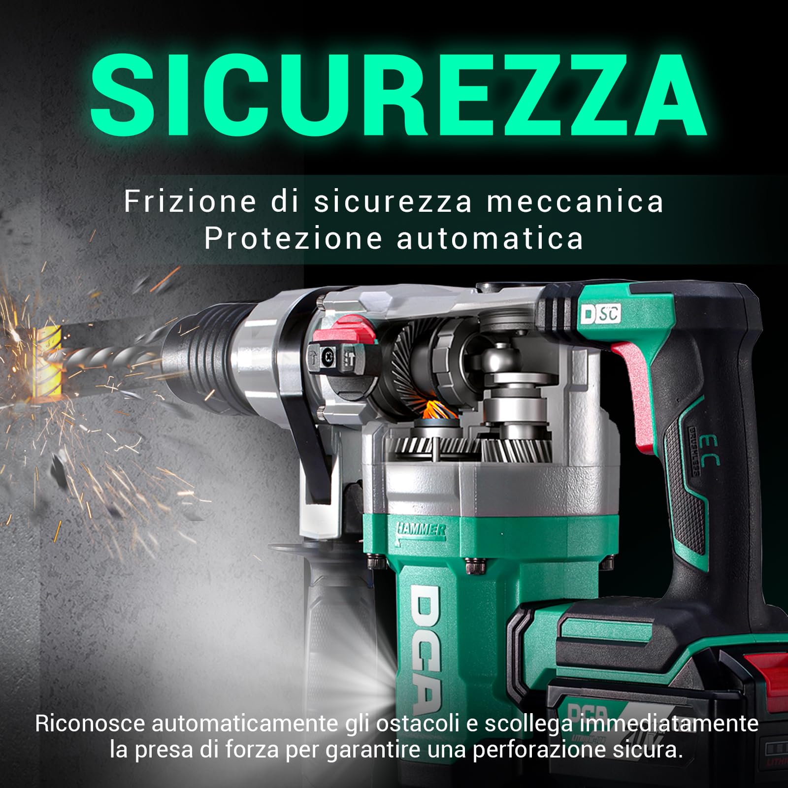 DCA Martello Perforatore a batteria 20V, 4,5 J e 3800 BPM, 4 pezzi da 28 mm SDS-Plus, trapano a Percussione ad alte prestazioni con controllo delle vibrazioni, batteria da 5,0 Ah, caricatore 4A