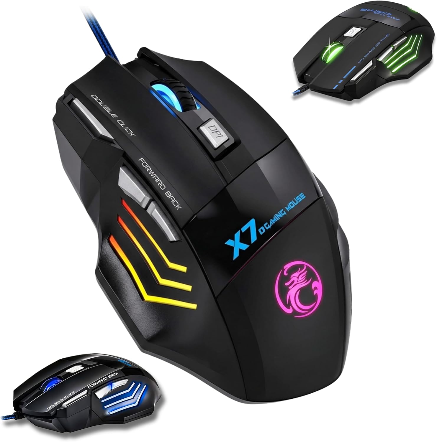 Mouse Gamer 6000 DPI Ajustável • 7 botões LED RGB • MTS • Alta Precisão e Velocidade • Clique Duplo • Cabo Reforçado Super Rápido Ergonômico Premium Jogos Trabalho Estudos