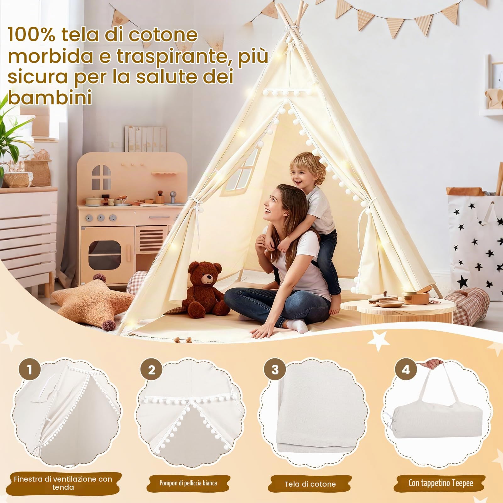 Tenda per Bambini, 120x140 cm Tenda Indiana Bambini per Cameretta, Castello Giochi per Bambini in Tela,Tenda Indiano con Lucine e Borsa Portaoggetti per Uso Interno o Esterno