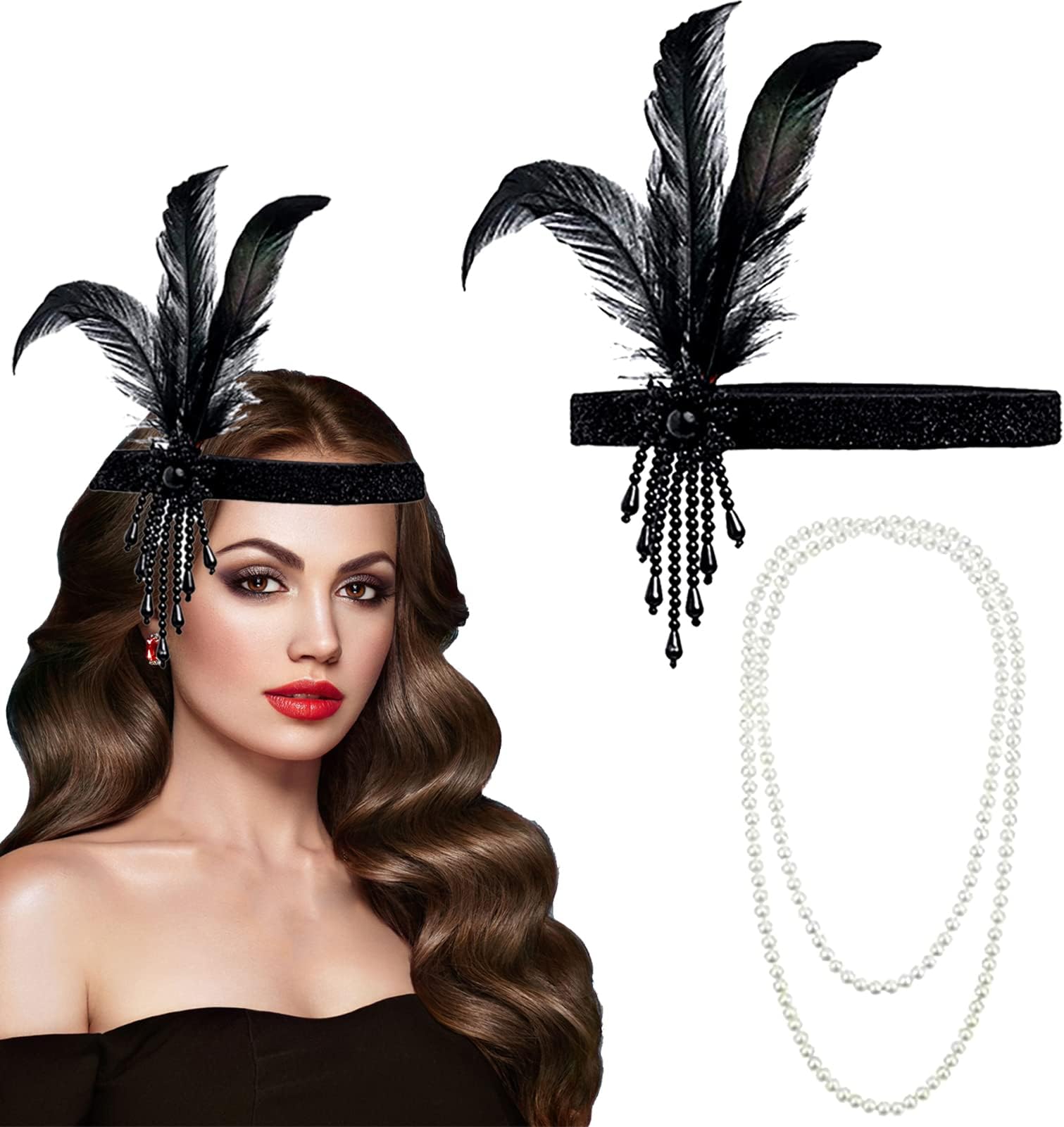1920s Flapper Headband & Necklace Set - Faux Pearls, Beaded & Feathered Gatsby Costume Accessories