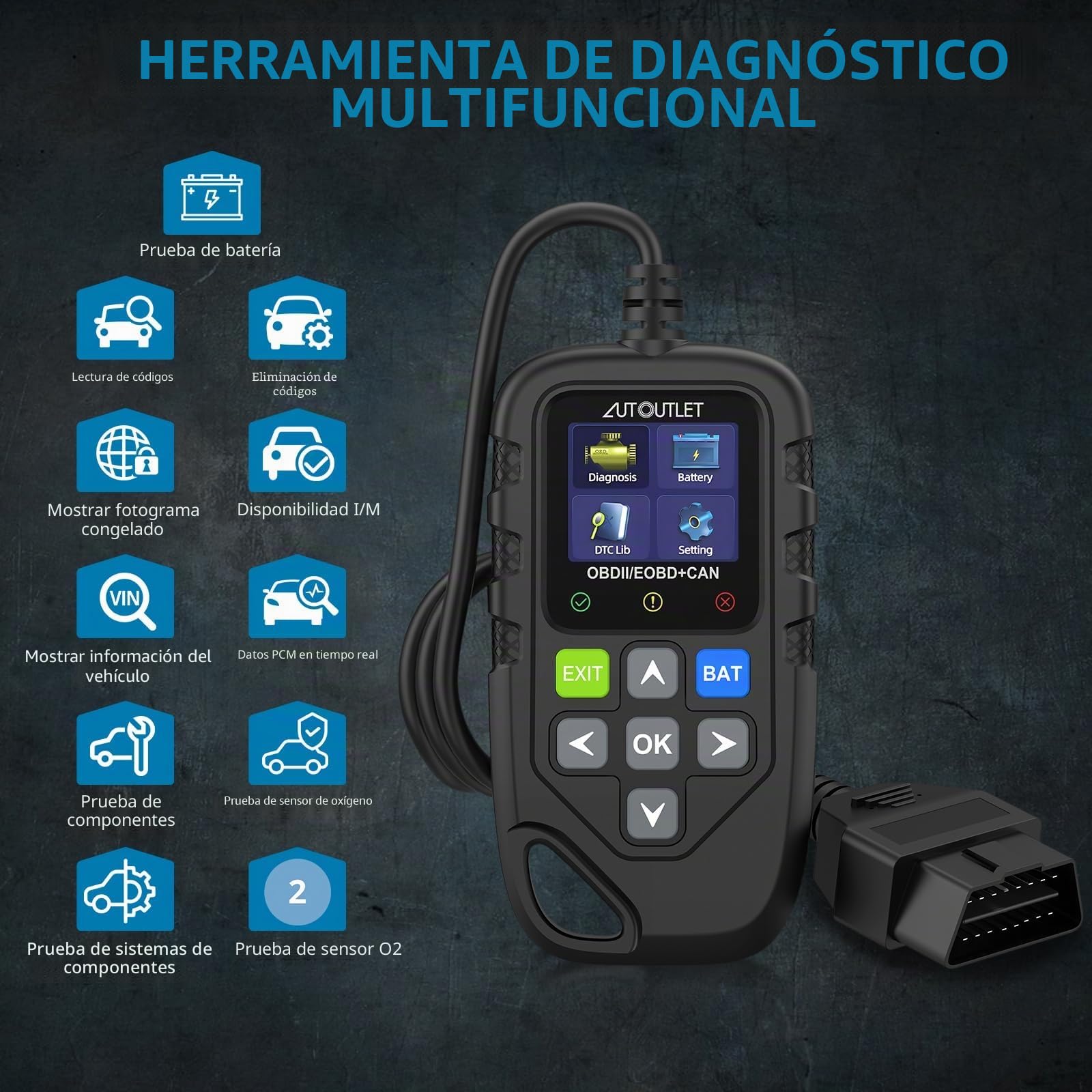 AUTOUTLET Lector de códigos de escáner OBD2 para diagnóstico rápido y borrado de códigos de Problemas, Amplia Biblioteca DTC con 13 Idiomas, Compatible con Varios protocolos de vehículos para