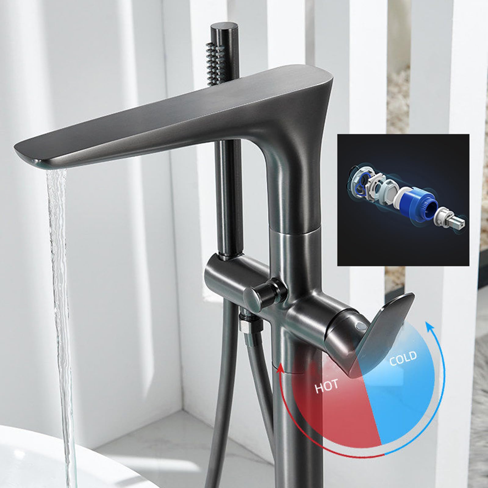 Grifo Mezclador de Bañera Y Ducha Grifo de Bañera Independiente Negro con Grifo de Suelo de Latón Negro para Agua Caliente Y Fría Giratorio 360°