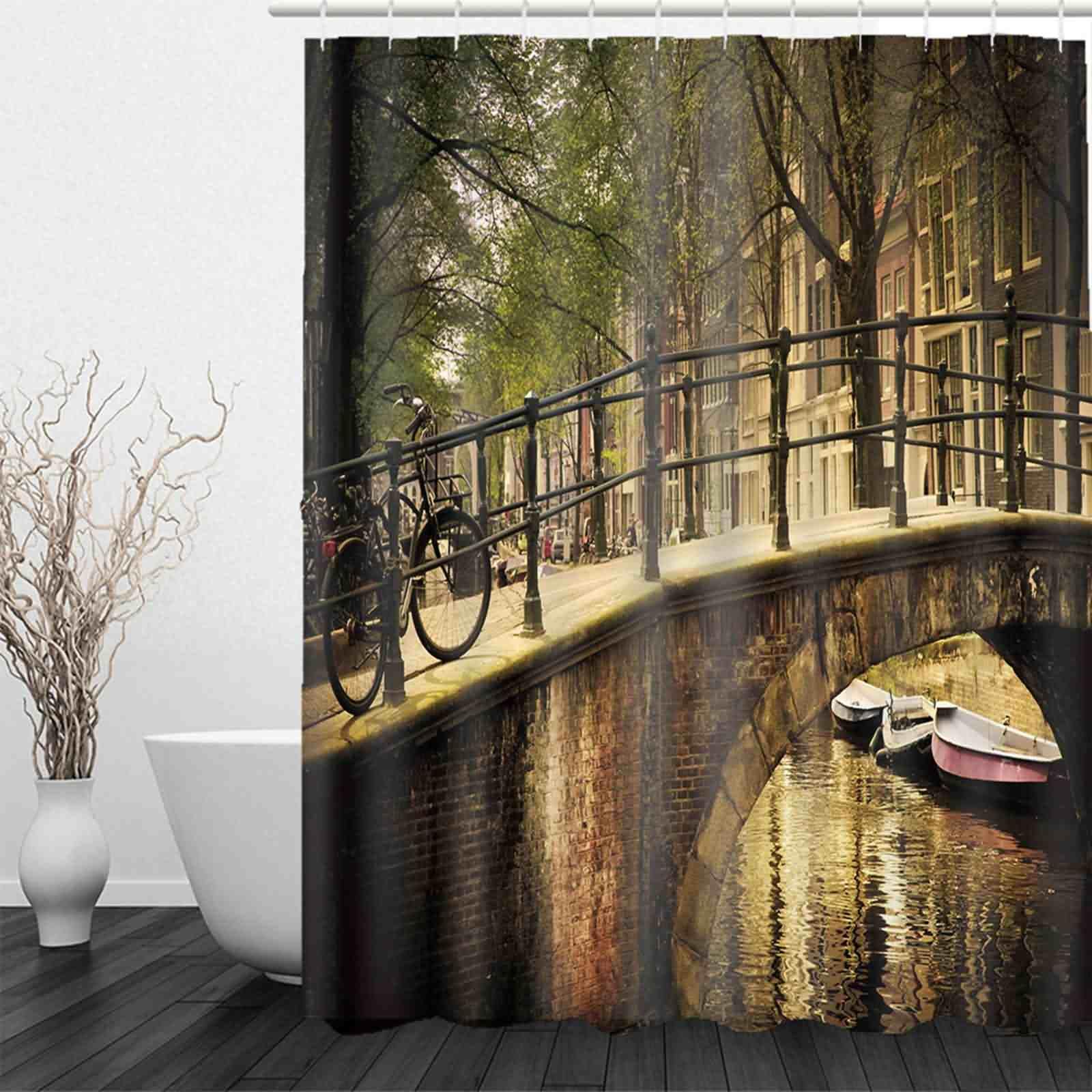 Tenda Doccia Spessa Tende Per Il Bagno Sigola Villaggio Piccolo Ponte Sul Fiume Divertente Ganci Marrone Verde 220x180cm