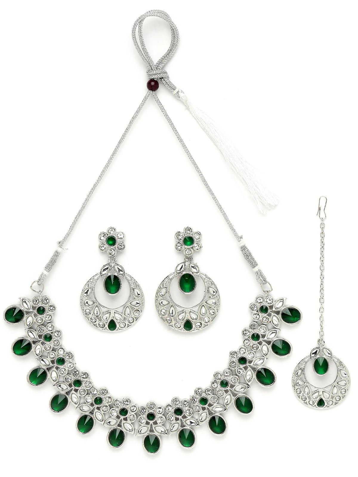 Sukkhi Dreamy Rhodium Plated Green AD White Stones & Beads Collar Bone Necklace Set With Earring And Maangtika | Jewellery Set For Women (NS105565) (B0CBBCR5F6) Amazon Price History, Amazon Price Tracker