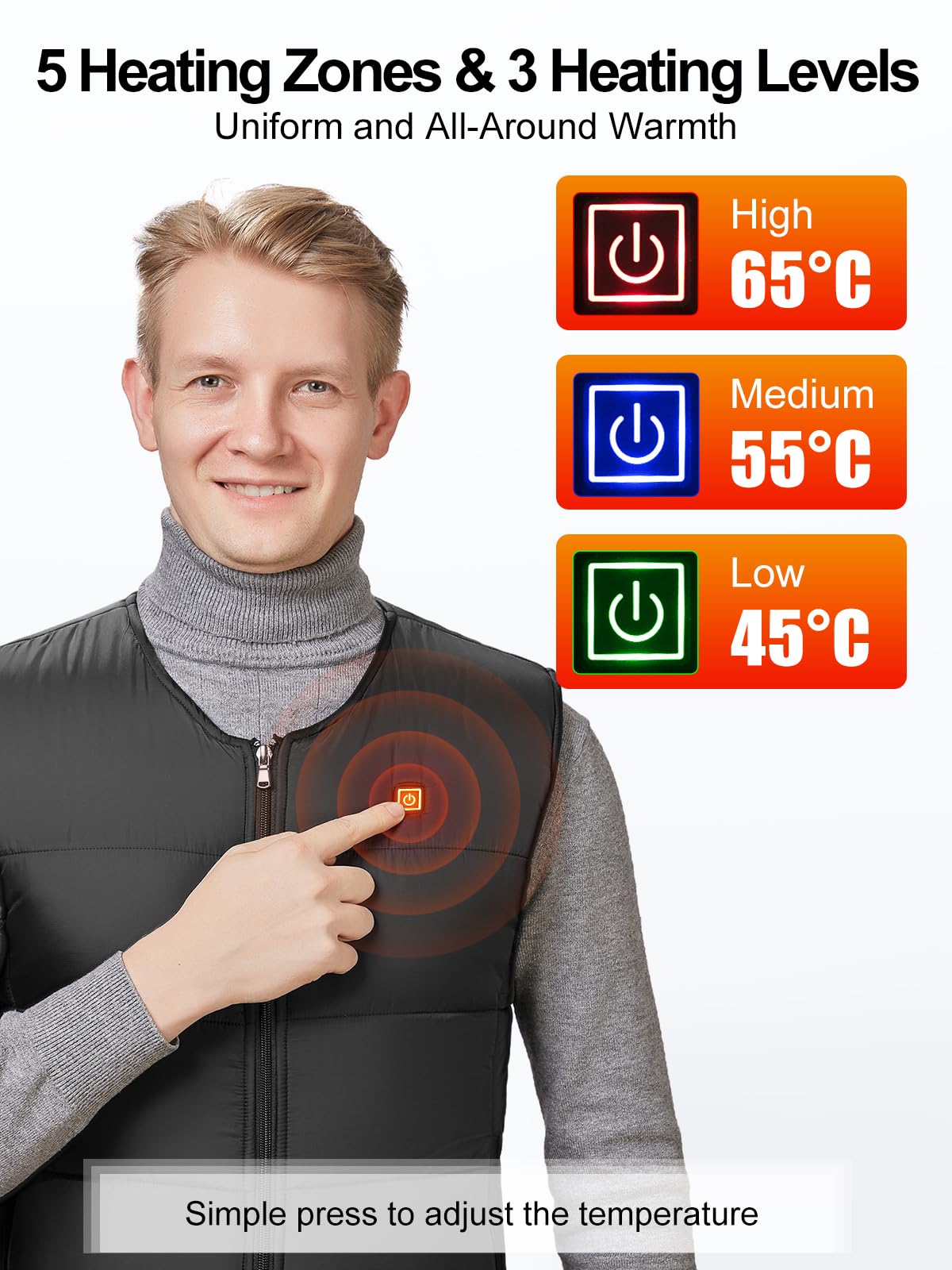 UNBON Gilet Riscaldato, Giubbotto Riscaldato Uomo Donna con Batteria Inclusa 14400mAh USB Elettrico Giacca Riscaldata con 5 Zone di Riscaldamento 3 Temperature per Moto Sport all'Aperto