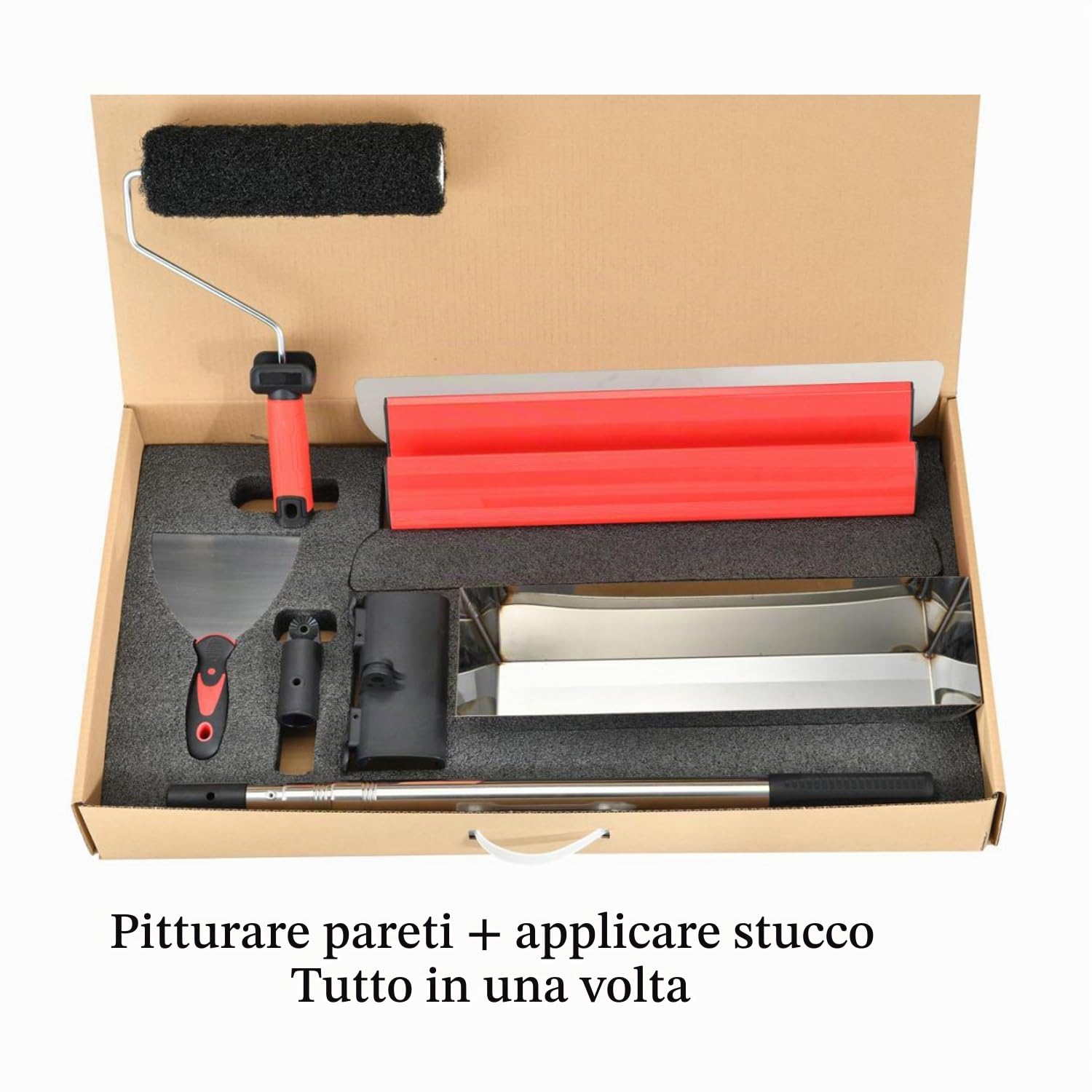 Spatole Per Stucco Kit,Set Di Cinque Attrezzi Per Intonacare,Lama Per Intonacare In Acciaio Inossidabile,Asta Telescopica In Alluminio Da 60-134 Cm,Adatto Per Intonacare Pareti e Soffitti