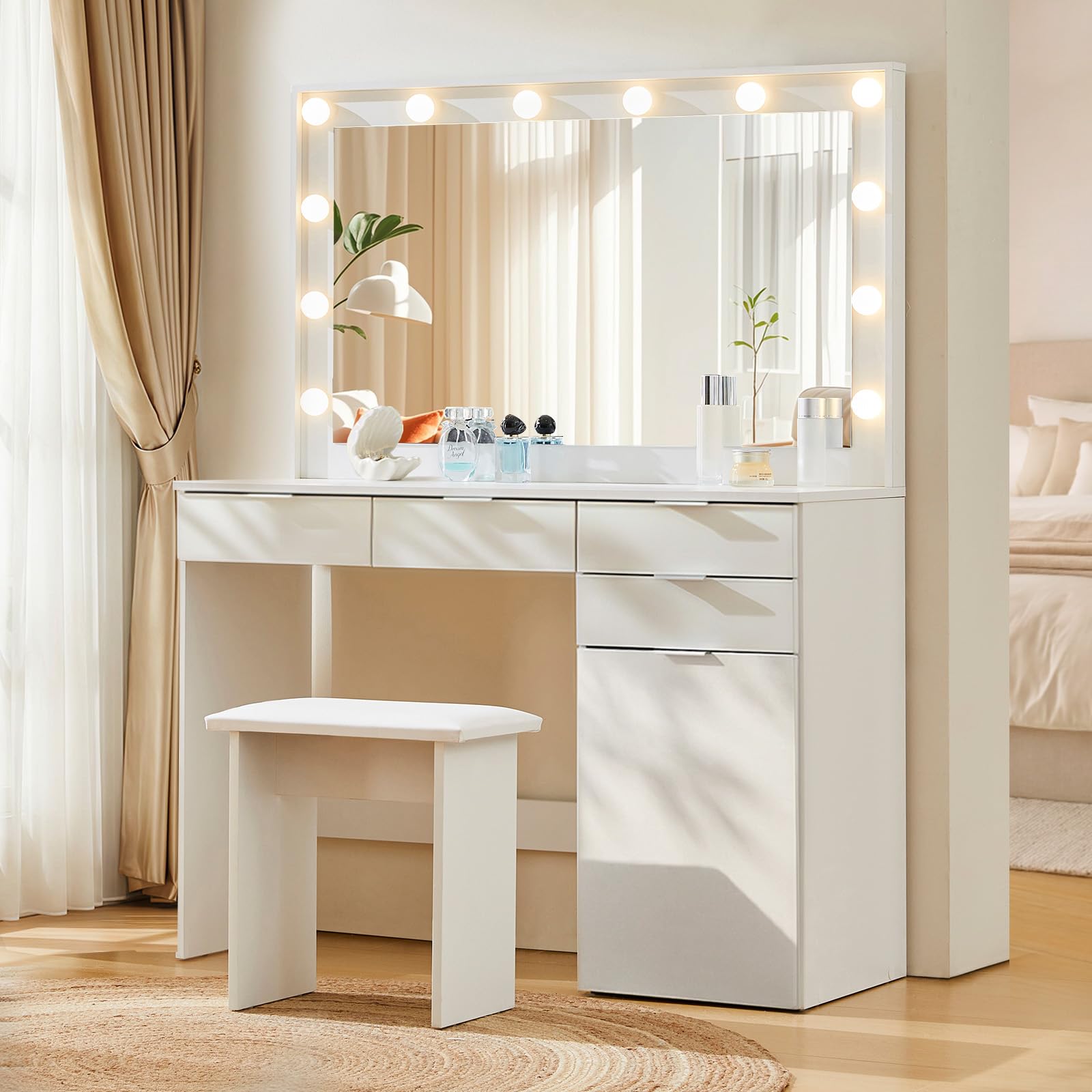 TUKAILAi White Large Dressing Table Set with Hollywood 12 LED Lights Mirror and Cushioned Stool, Vanity Desk Set Makeup Table with 4 Drawers and Storage Unit Dresser for Bedroom Girls Women