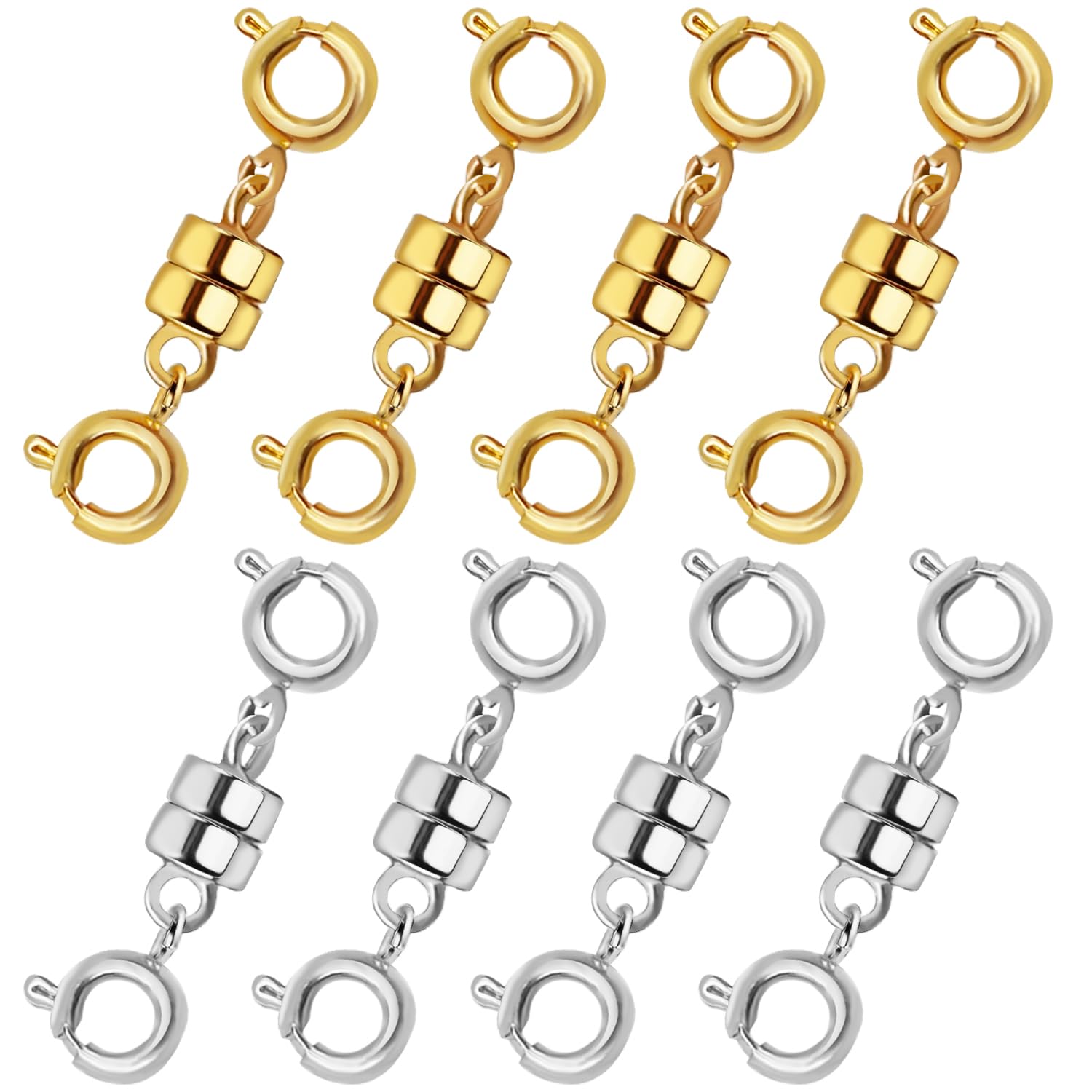 8 Pack Magnetic Necklace Clasps and Closures, Extender Magnet Clasp, Gold & Sliver Jewelry Clasps Converters for Bracelet Necklaces Chain, Locking Magnetic Connectors for Jewelry Crafting