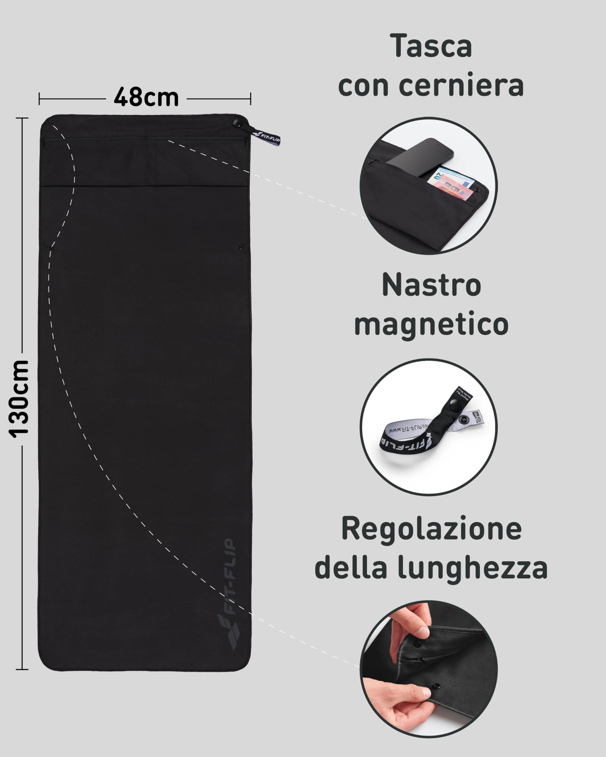 Fit-Flip Asciugamano Sportivo con Scomparto a Cerniera e Clip Magnetica - Telo in Microfibra - Compatto e ad Asciugatura Rapida - Accessori da Palestra uome e Donna