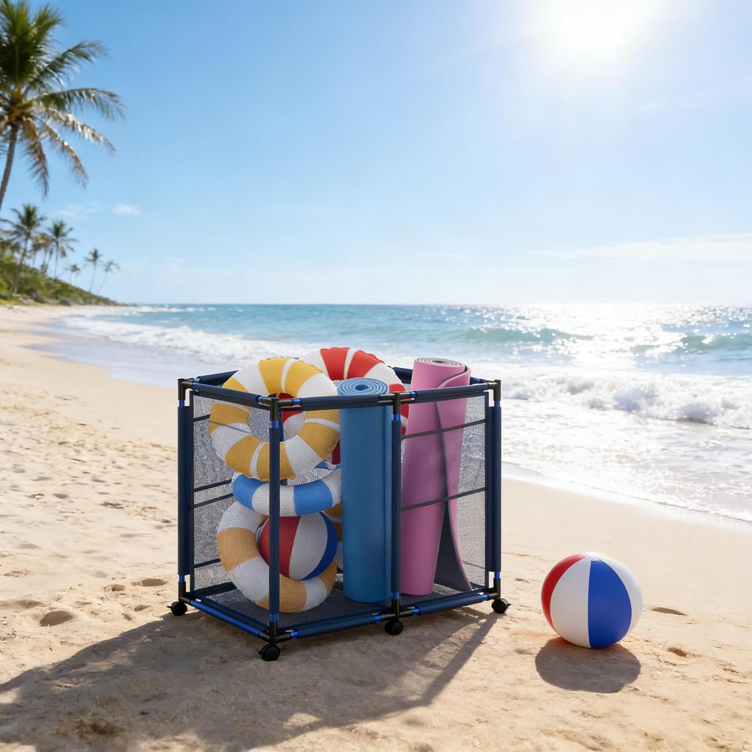 Large Pool Storage Bin, Metal Rolling Float Swimming Equipment Holder Organizer Cart with Mesh, Blue L