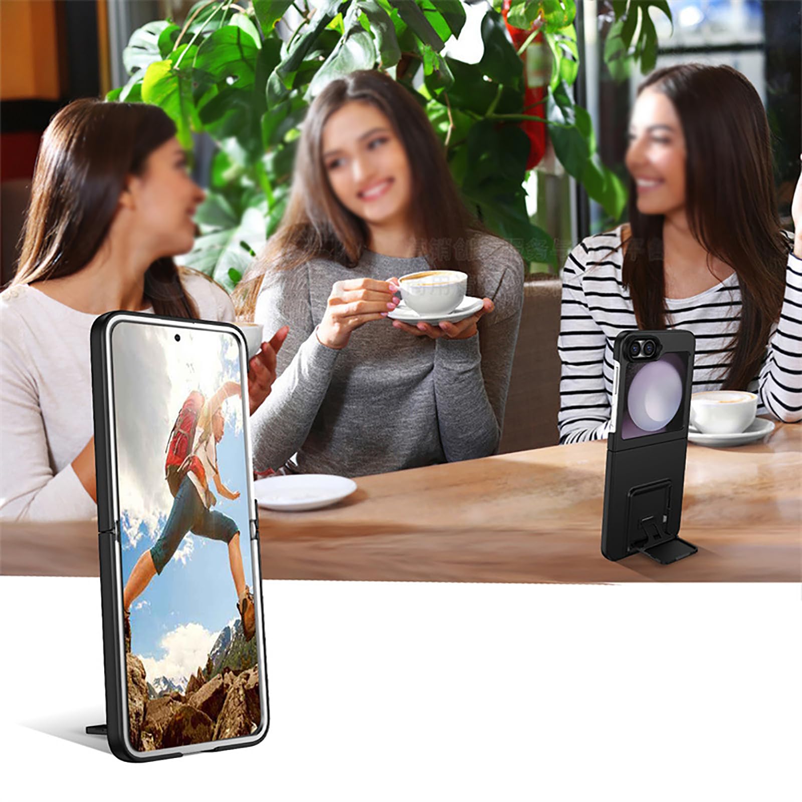 Robuste Coque pour Samsung Galaxy Z Flip 6, Caméra Lentilles Protection Housse, Mince Réglable Invisible Support Antichoc Étui,Noir