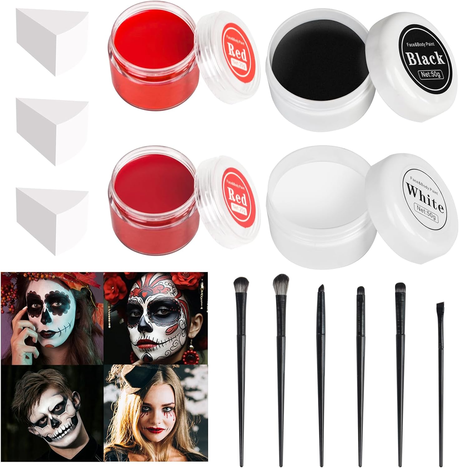 13PCS Clown Makeup Kit, Black + White + Red + Dark Red Face Body Paint Set with 6 Painting Brushes & 3 Sponge,Halloween Oil Based Body Paint for Adults Joker Zombie Vampire Skeleton Costume SFX Makeup