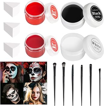 13PCS Clown Makeup Kit, Black + White + Red + Dark Red Face Body Paint Set with 6 Painting Brushes & 3 Sponge,Halloween Oil Based Body Paint for Adults Joker Zombie Vampire Skeleton Costume SFX Makeup