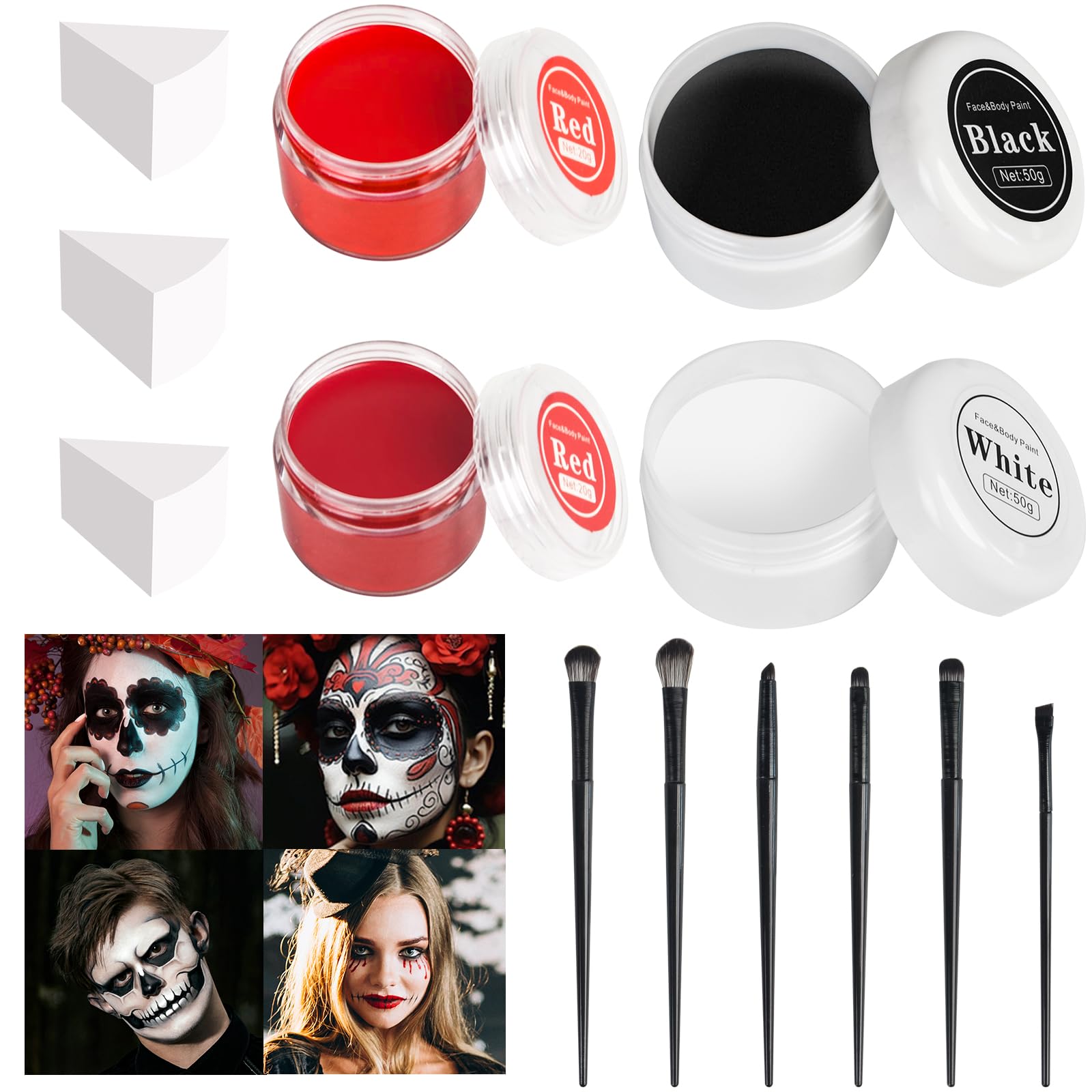 13PCS Clown Makeup Kit, Black White Red Face Body Paint with Brushes Sponge White+Red+Black+Dark red+6Pcs Brushes+3Pcs Sponge