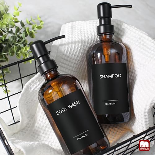 Miniatura 7 de GMISUN - Dispensador de jabón de vidrio ámbar, paquete de 2 dispensadores de jabón de manos para baño con bomba de acero inoxidable, dispensador de