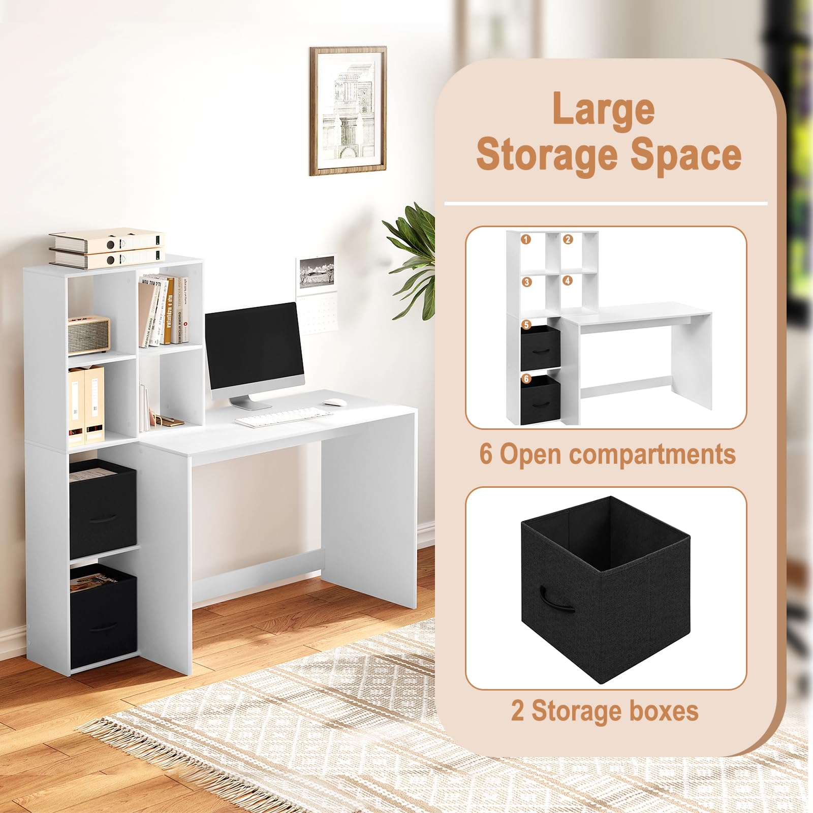 WOLTU Schreibtisch mit Regal & 2 Stoffboxen, Weiß, 140x50x134 cm | Offenes Stauraum, Geeignet für Homeoffice Schlafzimmer Wohnzimmer