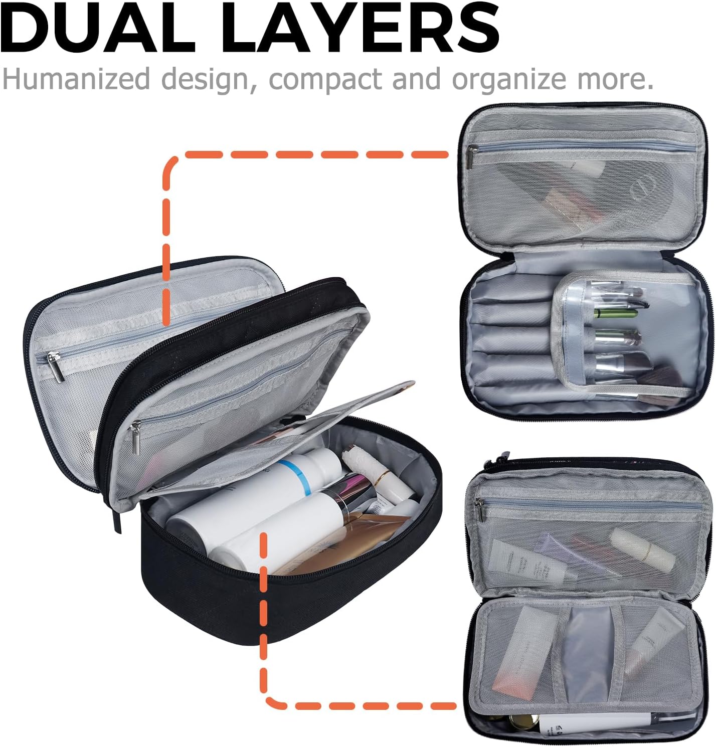 Gloppie Travel Makeup Bag for Women Cosmetic Bag with Handle Portable Double Layer Make up Case Water resistant Makeup Organizer Black image 3