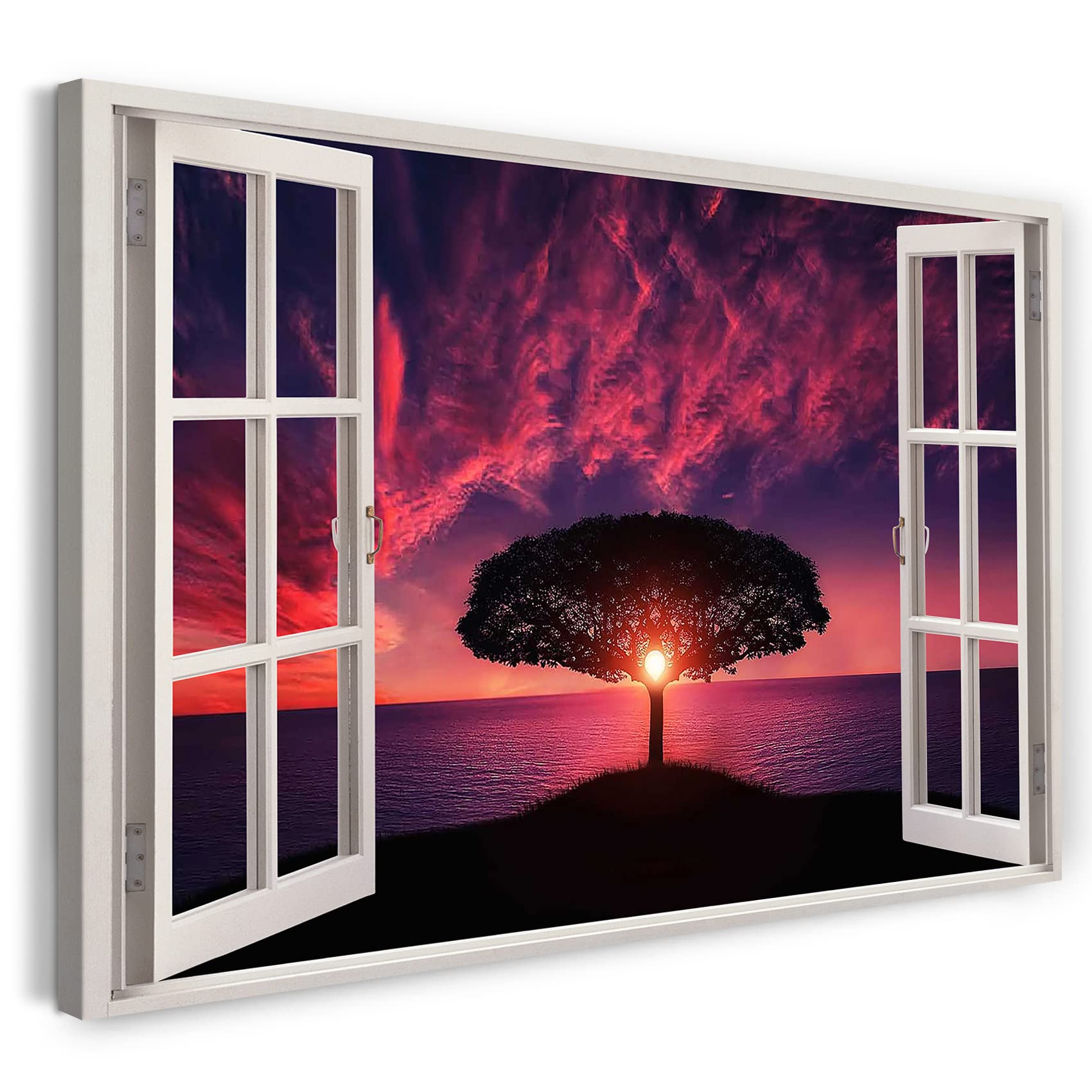 Print on Canvas (60x40 cm) view from the window - tree sunset nature red evening - nature photography, real wood frame with hook