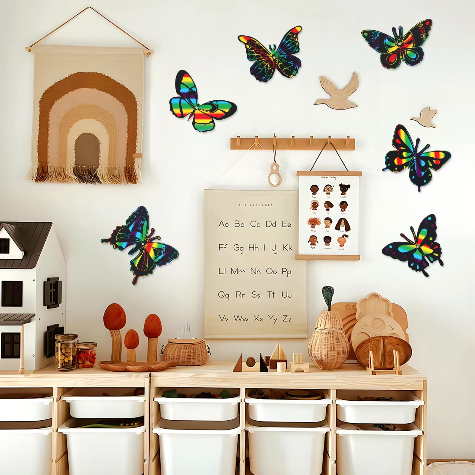 48 sztuk obrazków do zdrapywania motyli, 12 stylów, magiczny papier do zdrapywania, tęczowy obraz z drewnianymi patyczkami i wstążką, do majsterkowania, dekoracji na imprezę