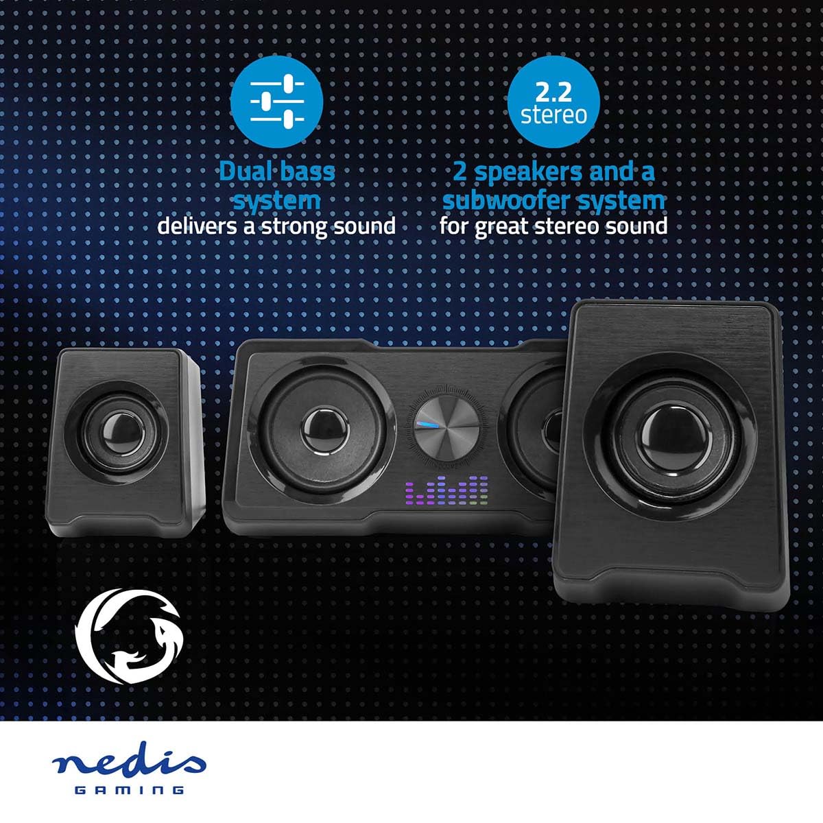 NEDIS Altoparlante per gaming | Canali degli altoparlanti: 2.2 | Alimentazione a USB | 3,5 mm maschio | 48 W | LED | Controllo del Volume