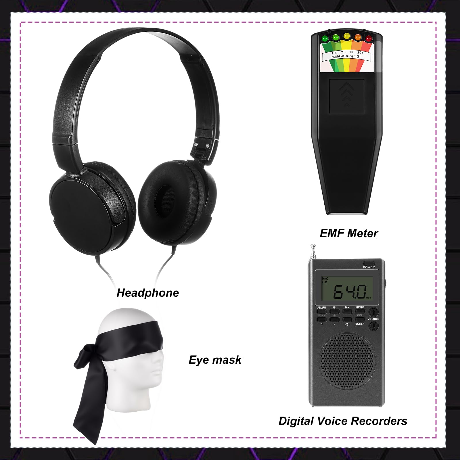 Dunzy Kit di attrezzature per la caccia ai fantasmi con Ghost Box Rilevatore di campo magnetico Cuffie Benda Dispositivo di caccia per indagini Emf Meter Magnetico Paranormale Spirit Forniture per