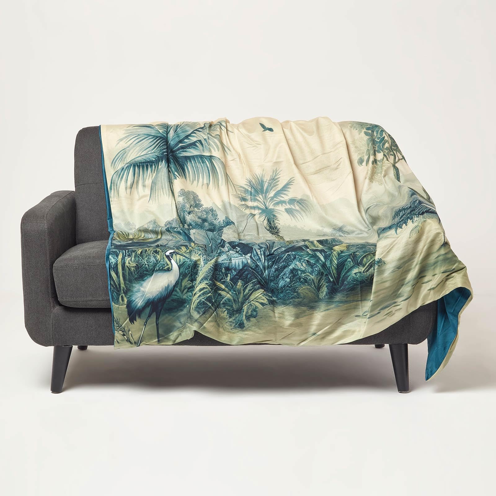 HOMESCAPES Blue Palm Sepia Throw, Super Soft Tropical Art Decorative Blanket for Sofa & Bed, 130 x 170cm