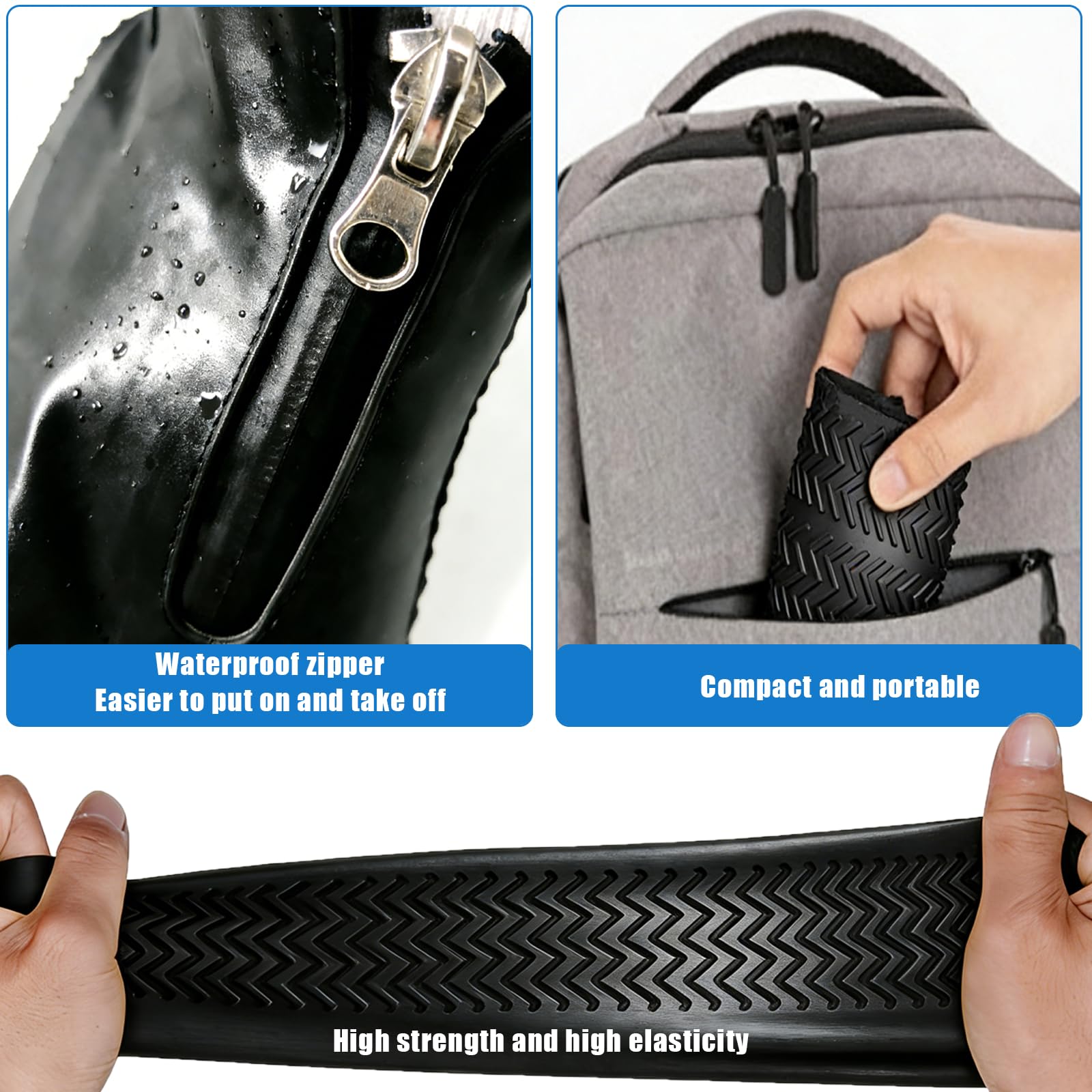Ahigh Schuhüberzieher Wasserdichte, 2 Paar mit Reißverschluss, Rutschfeste Silikon-Überschuhe für Damen und Herren, Faltbar Tragbar für Outdoor, Alltag, Arbeit