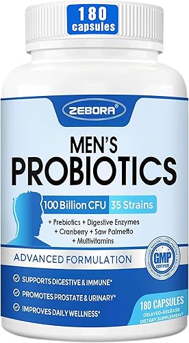 Probióticos ZEBORA para hombres - 100 mil millones de UFC, probióticos para hombres para la salud intestinal, prebióticos + enzimas + palma enana americana + arándano, probiótico diario para la salud digestiva, 180 cápsulas