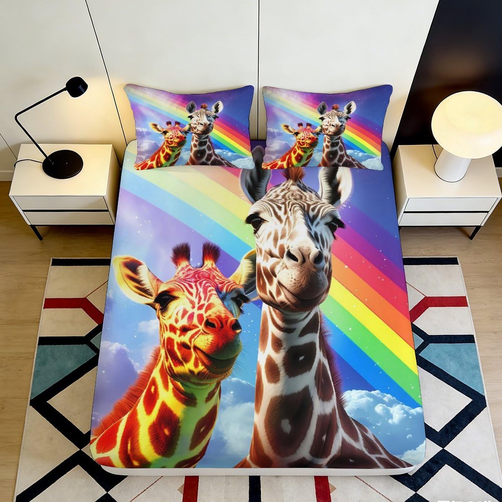 3D Printed Rainbow Giraffe Fitted Sheet Microfiber Soft Vibrant Animal Bed Cover for Bedroom Guest Room Dorm Decor 90x200x25cm