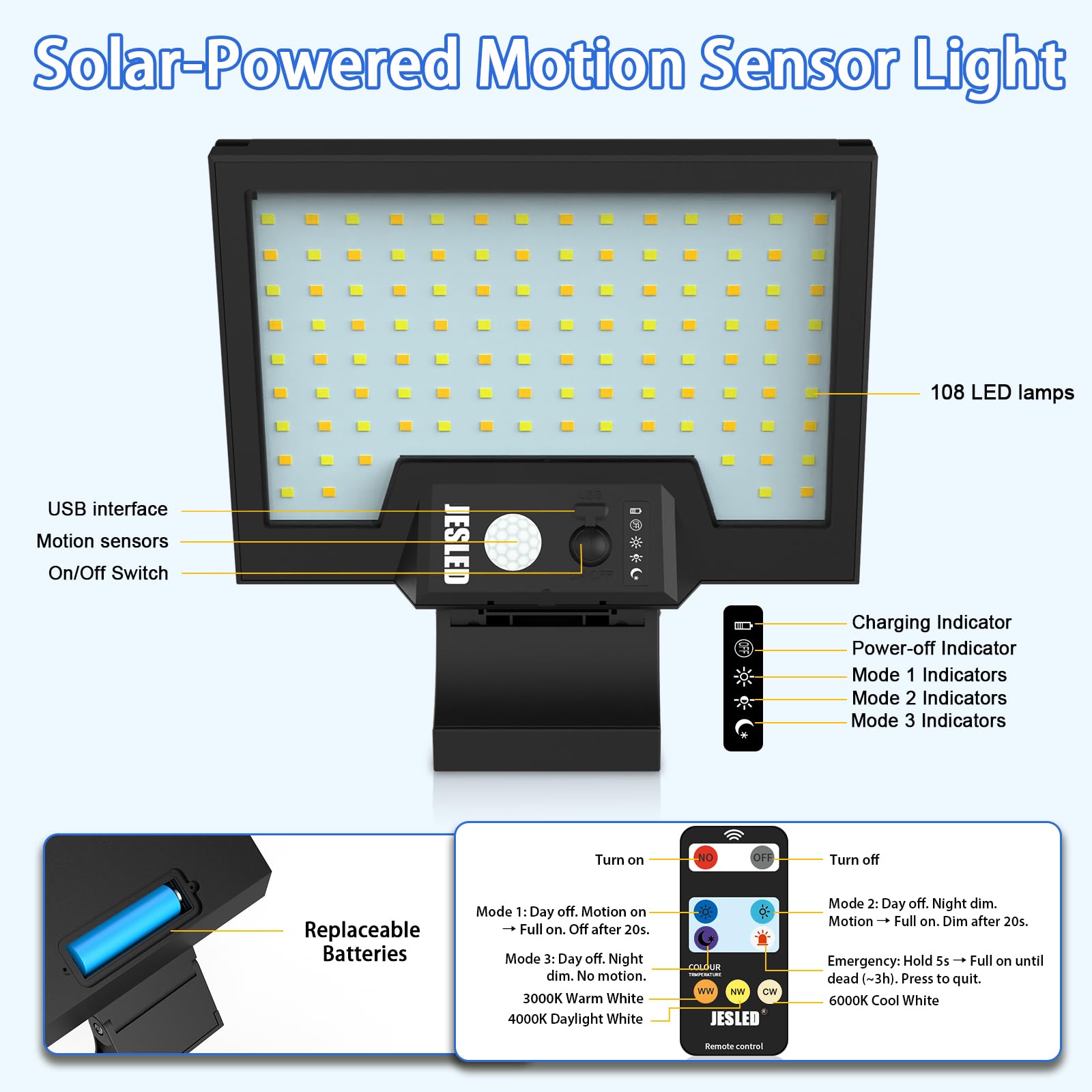 JESLED Solarlampen für Außen mit Bewegungsmelder, 108LEDs 3CCT Drehbare Solar Aussenleuchte, 4 Modi Solarleuchten Für Außen, IP65 Wasserdichte Wandlampe für Garten Hof Garage （4P） | Drehbare Solar Aussenleuchte 4 Modi Solarleuchten Für Außen, IP65 Wasserd
