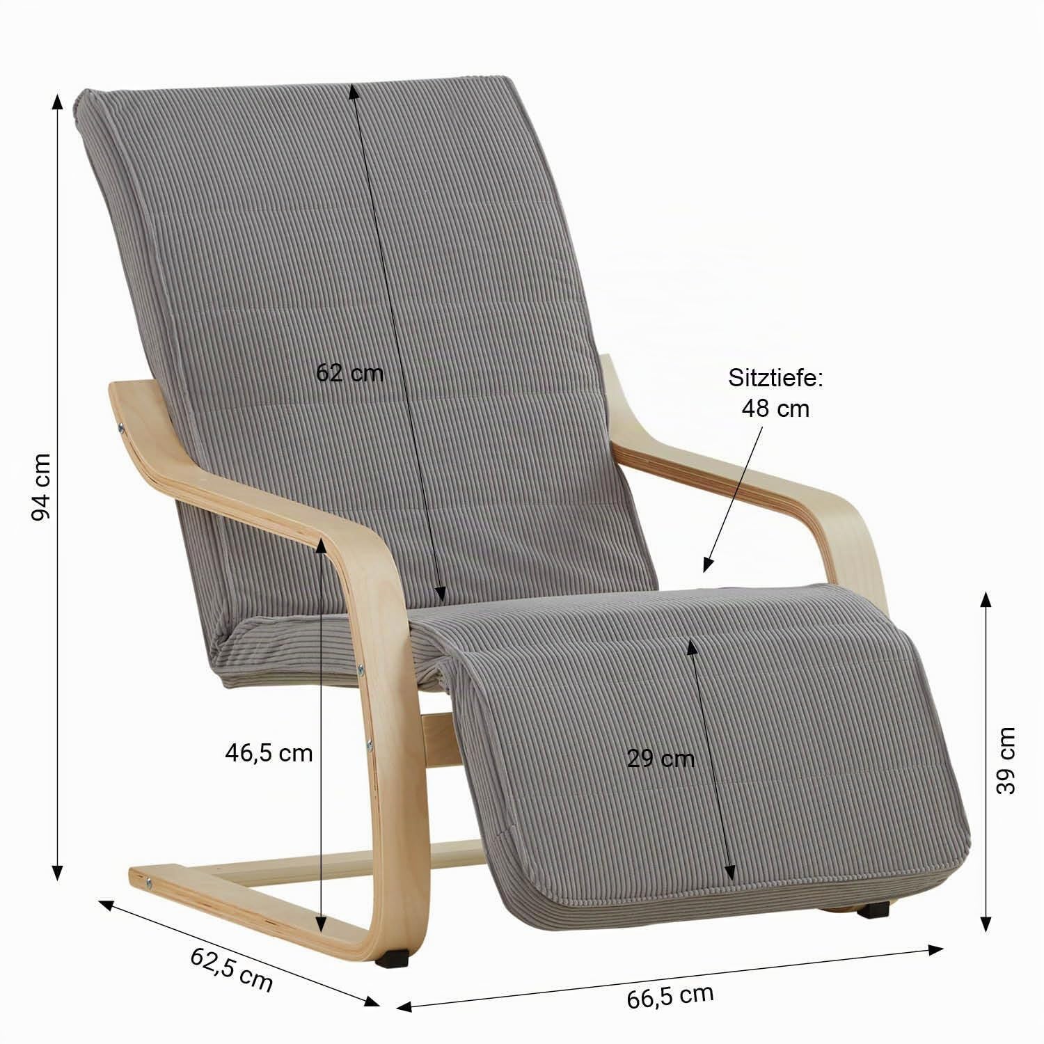 Homestyle4u Sessel mit Liegefunktion - Schwingsessel Grau, Holz